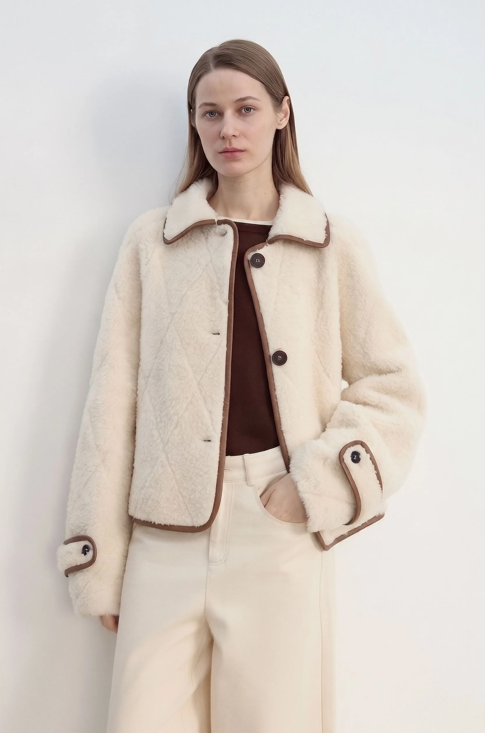 Contrast-Trim Merino Shearling Jacket