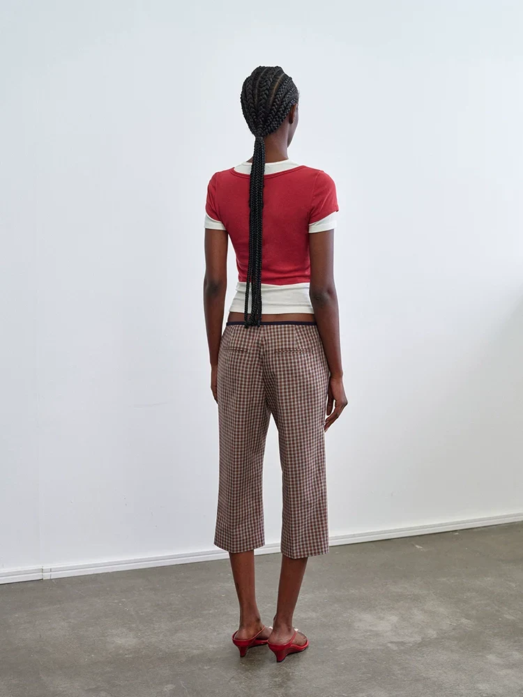 Contrast Waist Plaid Capri Pants - Image 2