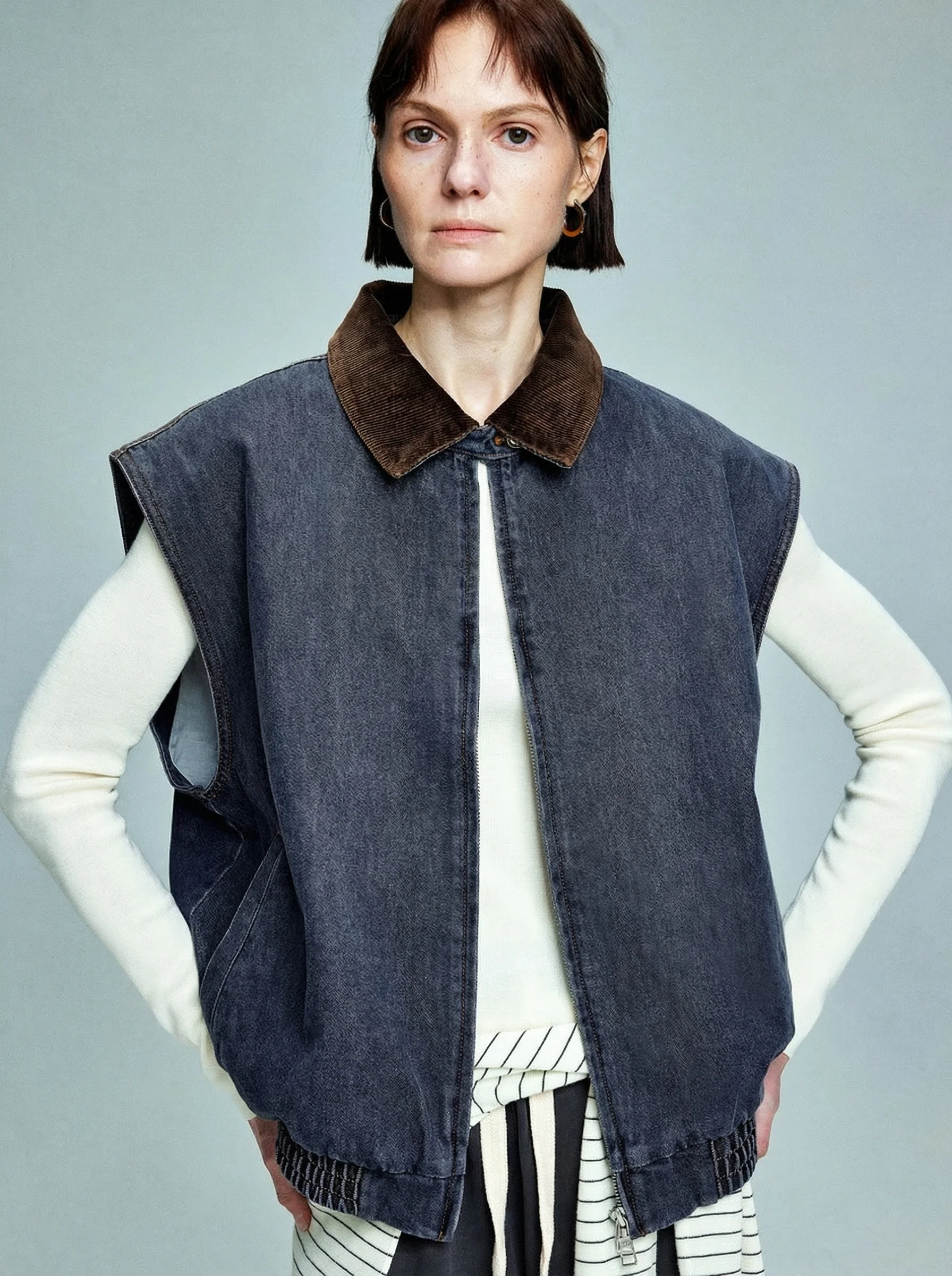 Corduroy Collar Denim Vest