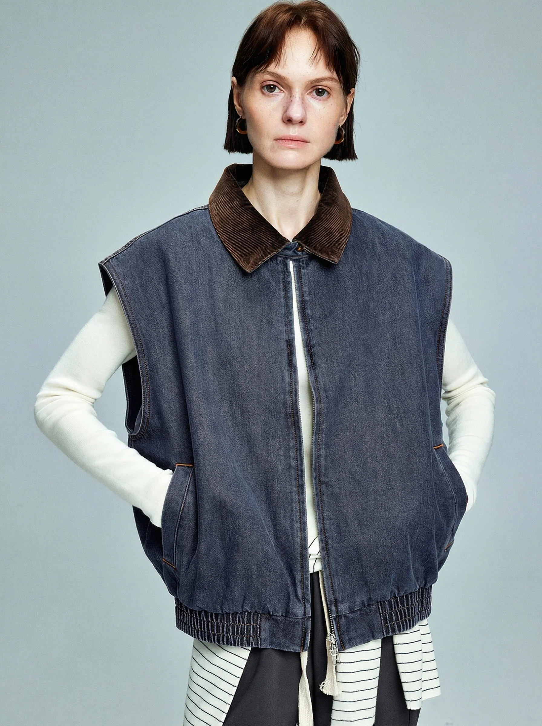Corduroy Collar Denim Vest - Image 3
