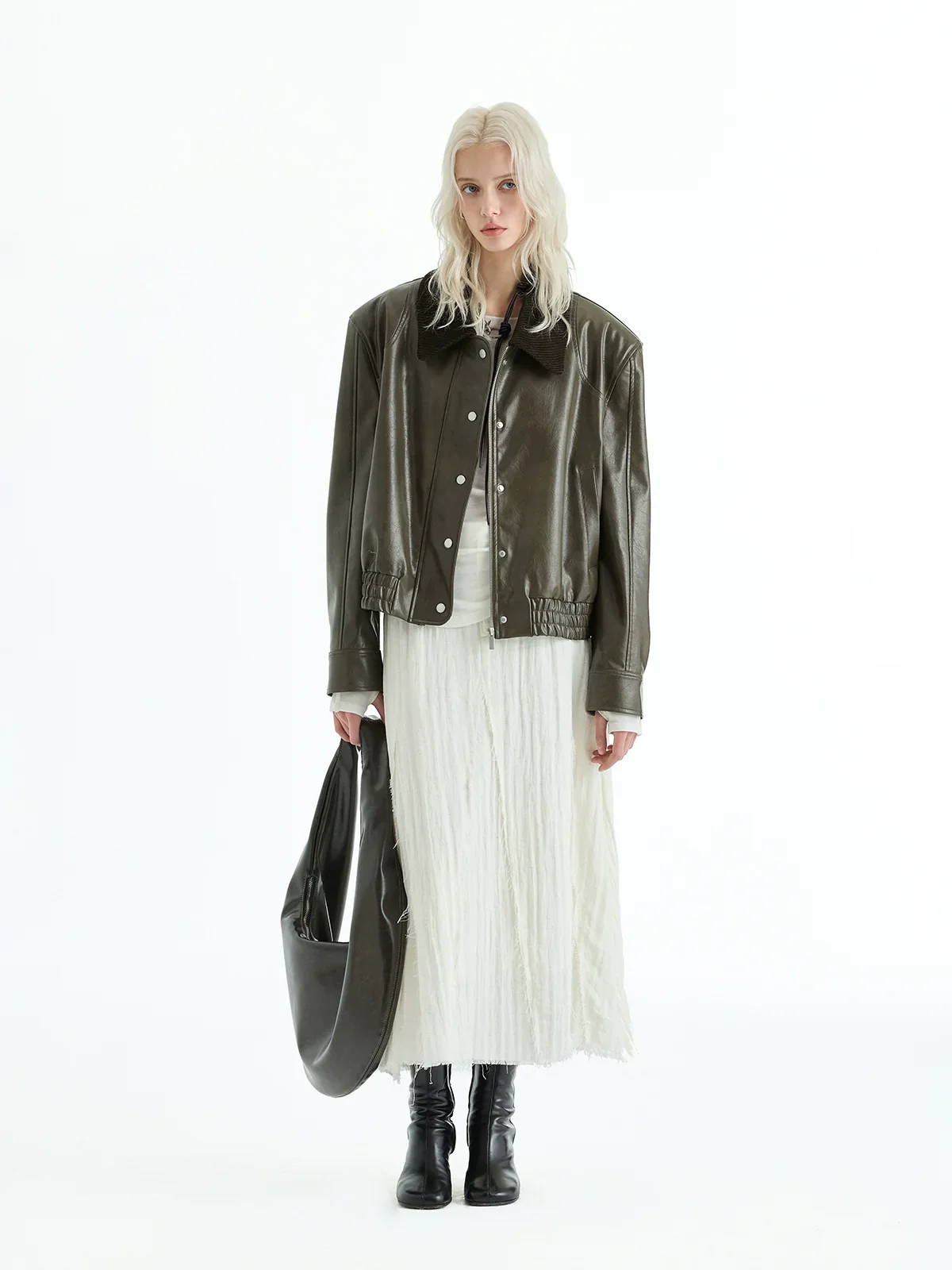 Corduroy-Collar Faux Leather Bomber Jacket - Image 2