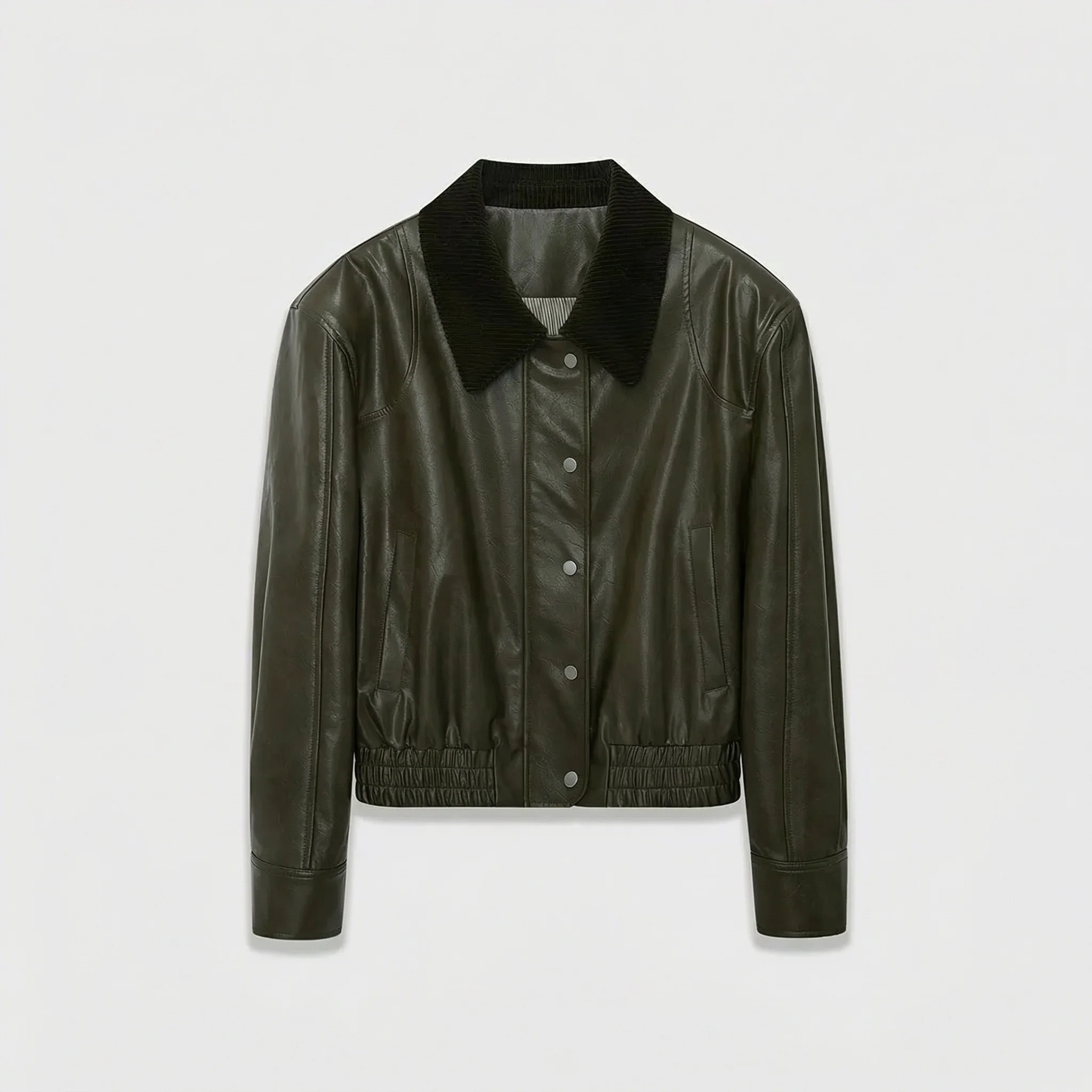 Corduroy-Collar Faux Leather Bomber Jacket - Image 6