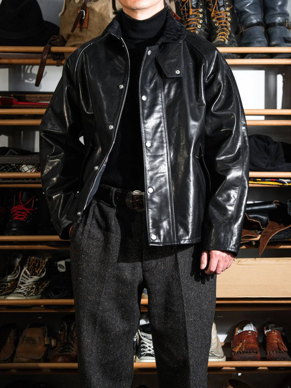 Corduroy Collar Leather Jacket
