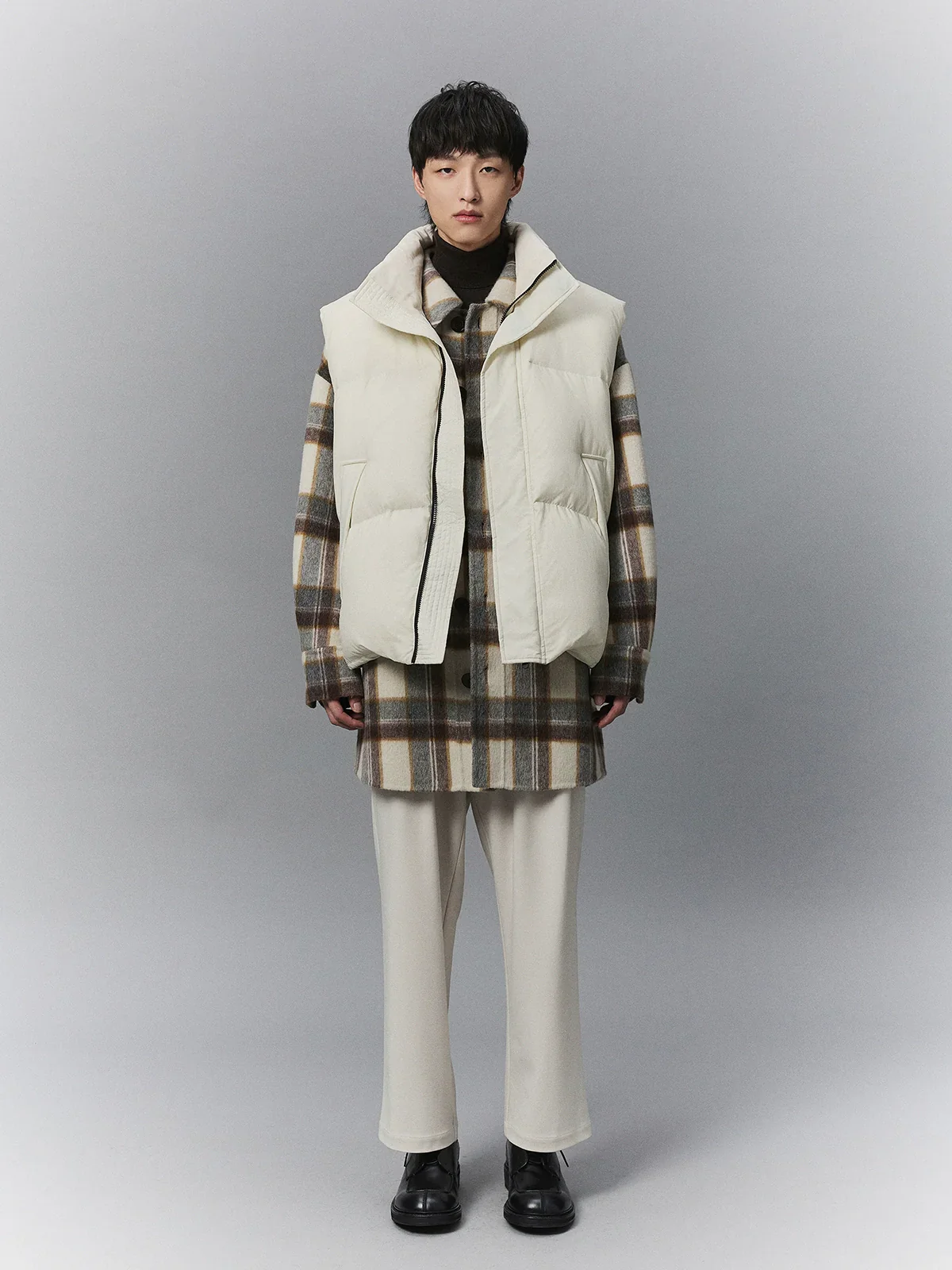 Corduroy-Trim High-Neck Down Vest