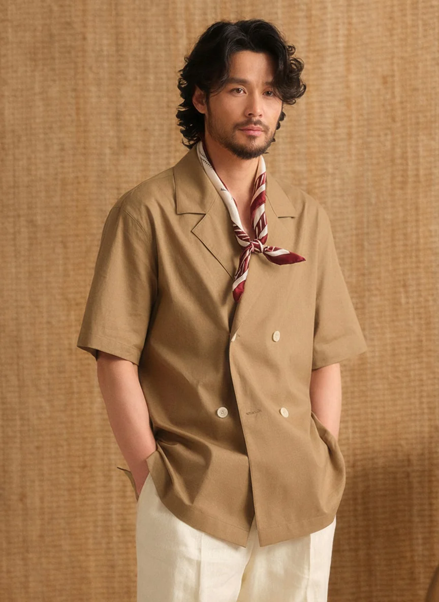 Cotton-Linen Double-Breasted Short-Sleeve Shirt