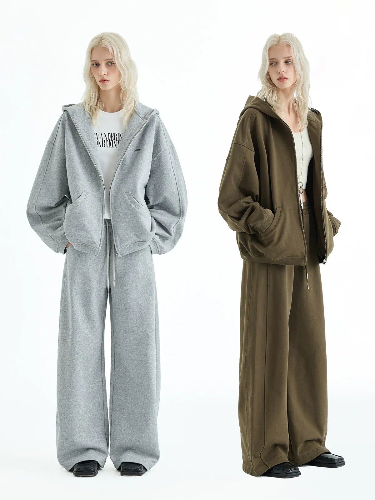 Cotton Terry Zip Hoodie and Wide-Leg Sweatpants Set