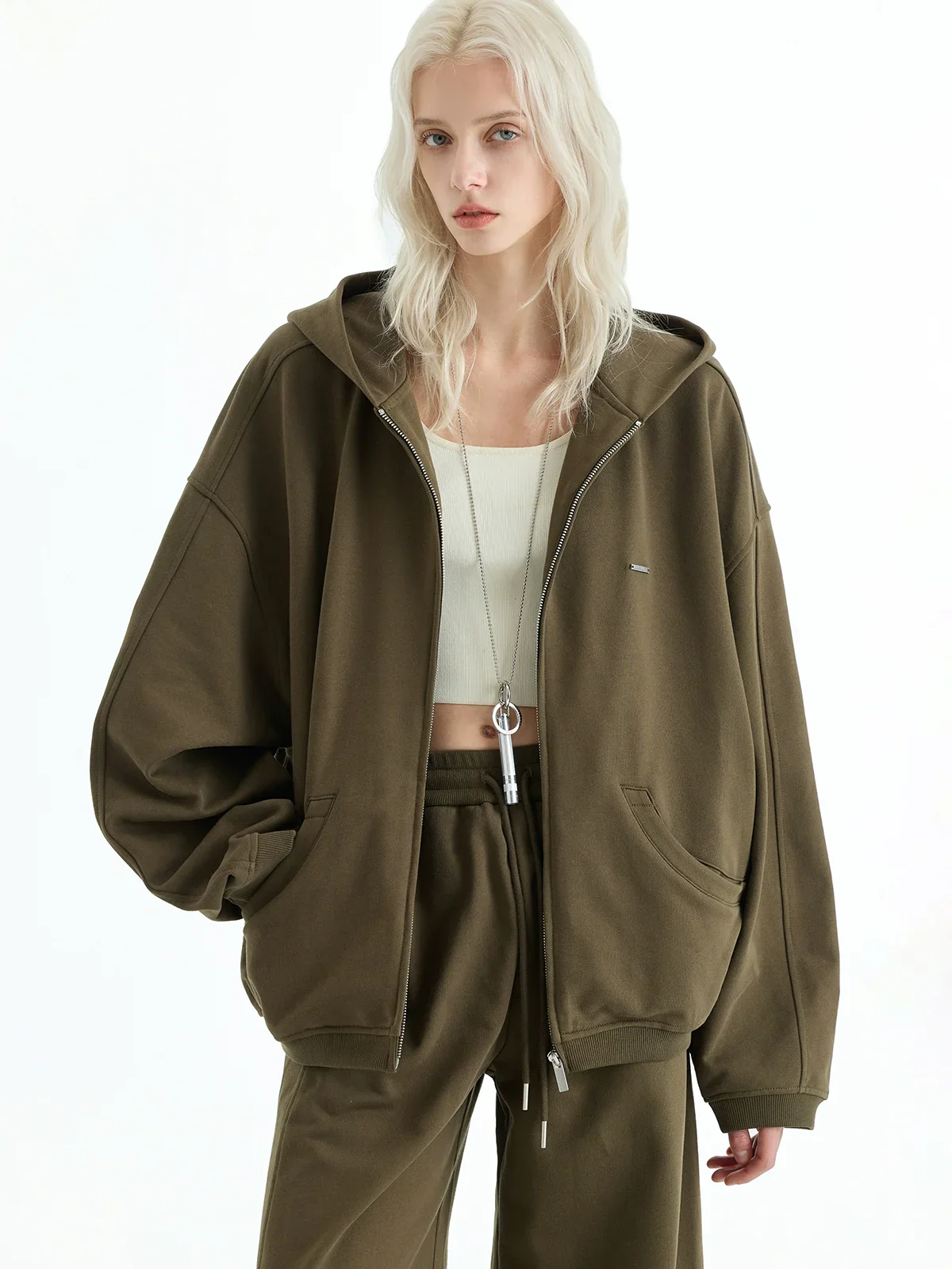 Cotton Terry Zip Hoodie and Wide-Leg Sweatpants Set - Image 3