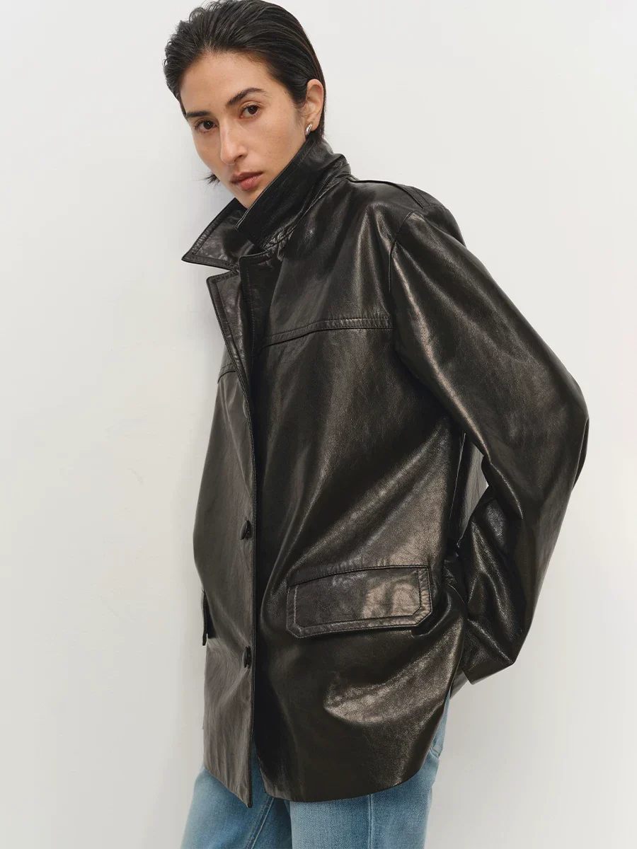 Covered Button Leather Jacket - Image 3