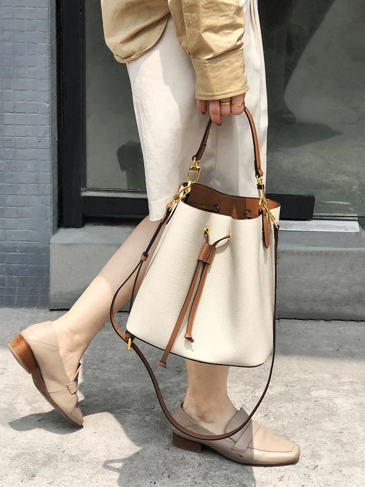 Cowhide Drawstring Bucket Bag