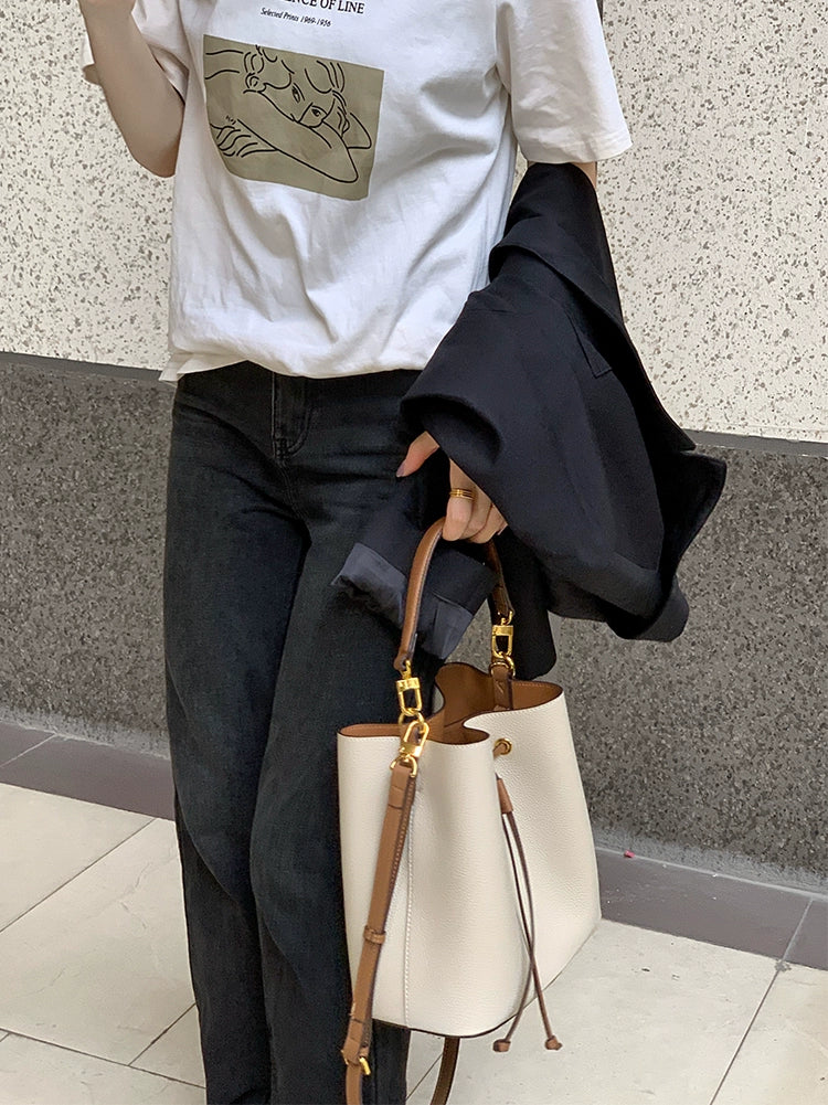 Cowhide Drawstring Bucket Bag - Image 3