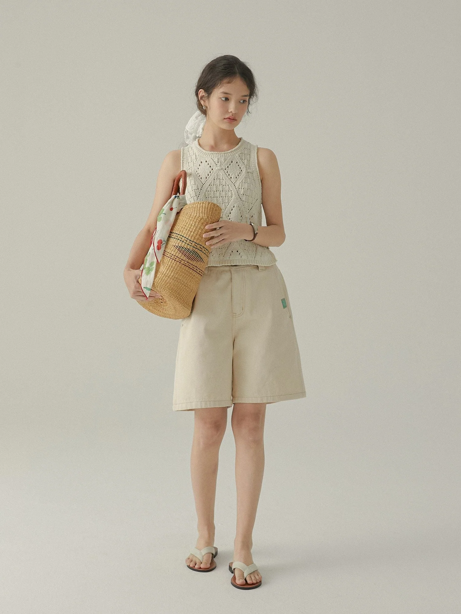 Cream Denim Shorts - Image 3