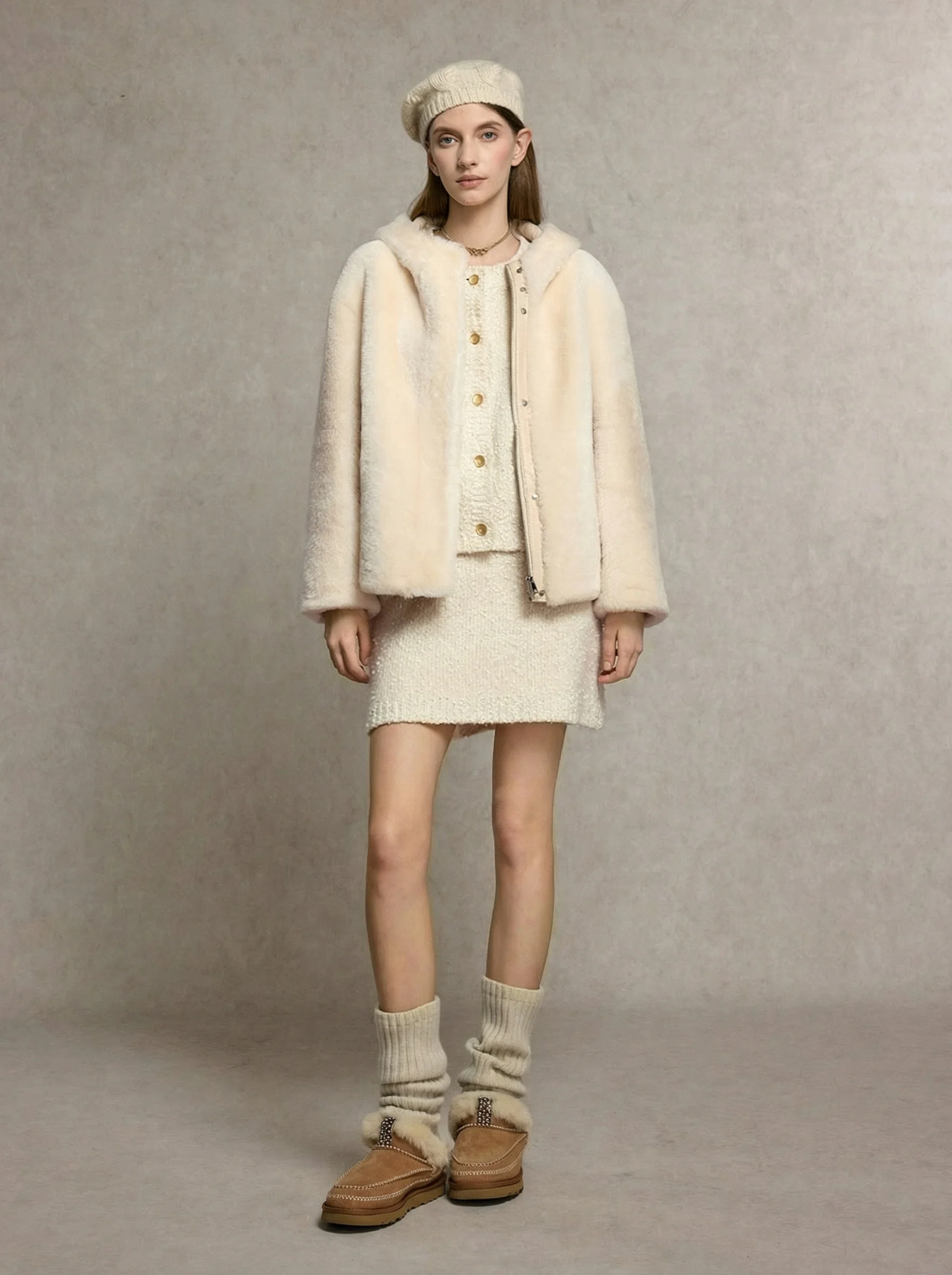 Cream Hooded Shearling Jacket - Image 3