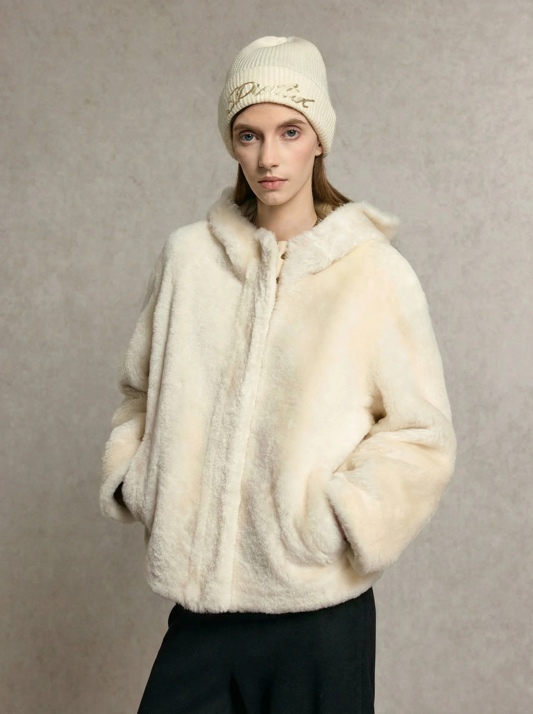 Cream Hooded Shearling Jacket - Image 4