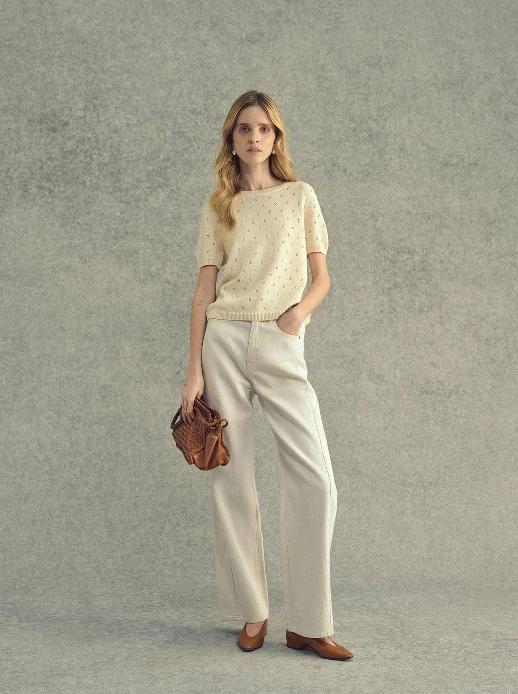 Cream Wide-Leg Jeans