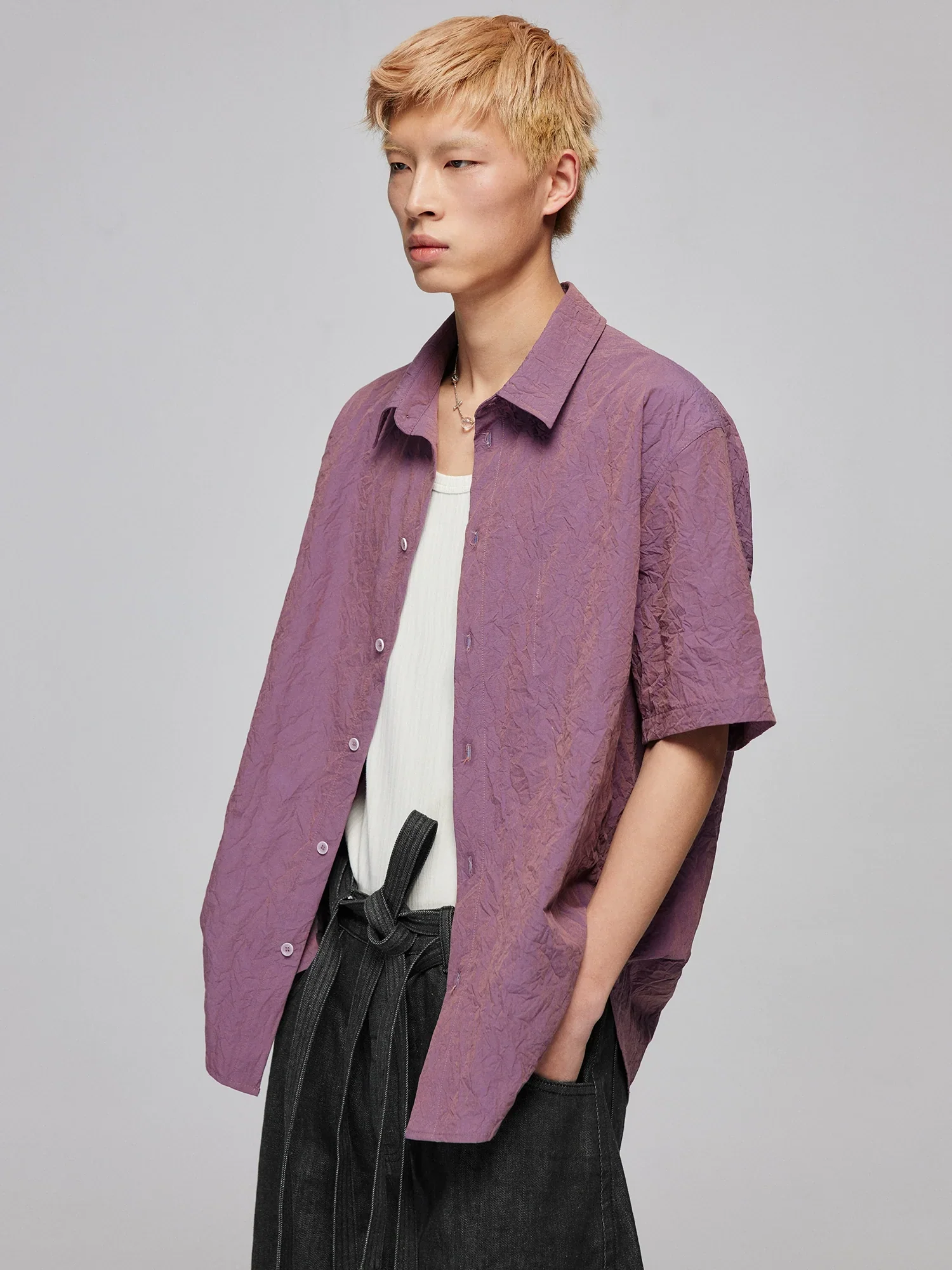 Crinkled Purple Short-Sleeve Shirt - Image 2