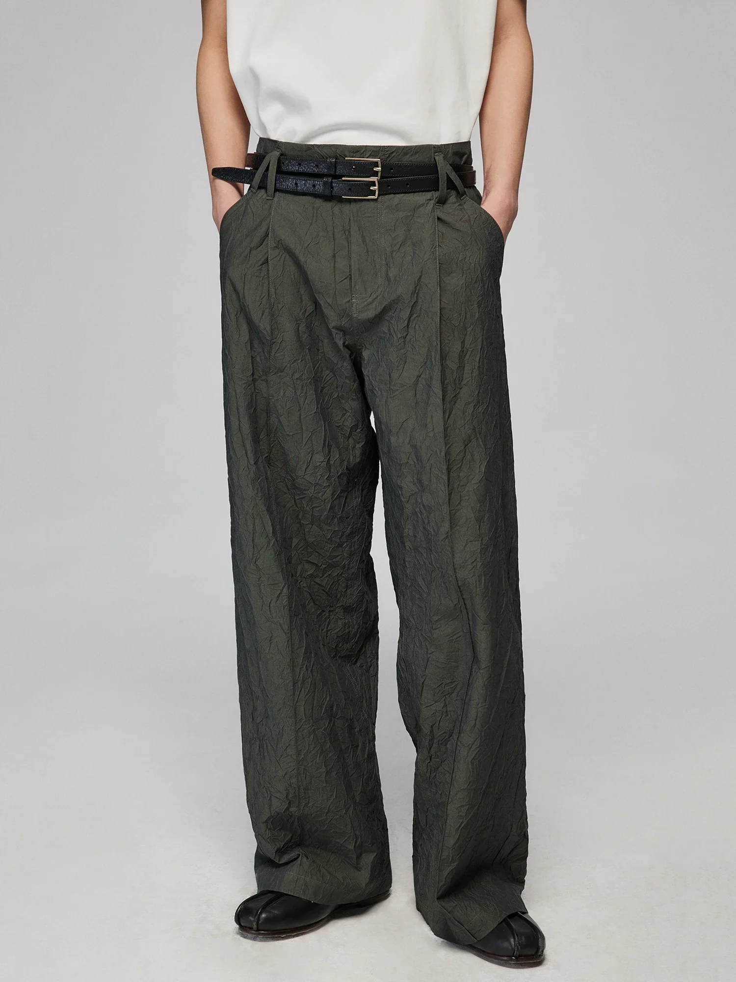 Crinkled Straight-Leg Trousers