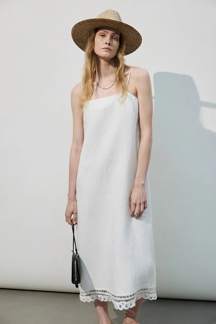 Crochet-Trim Linen Slip Dress