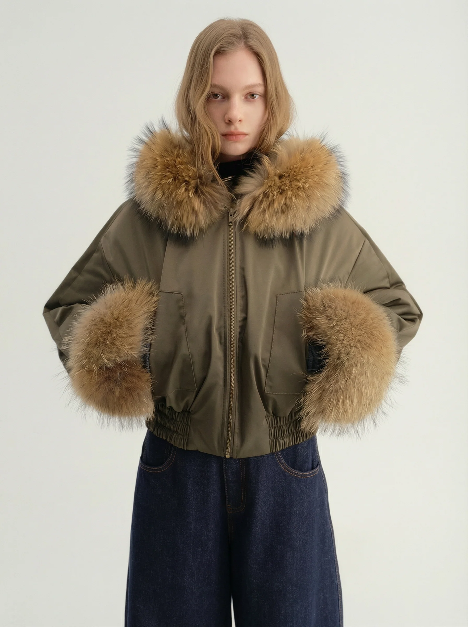 Cropped Down Parka with Detachable Fur Collar