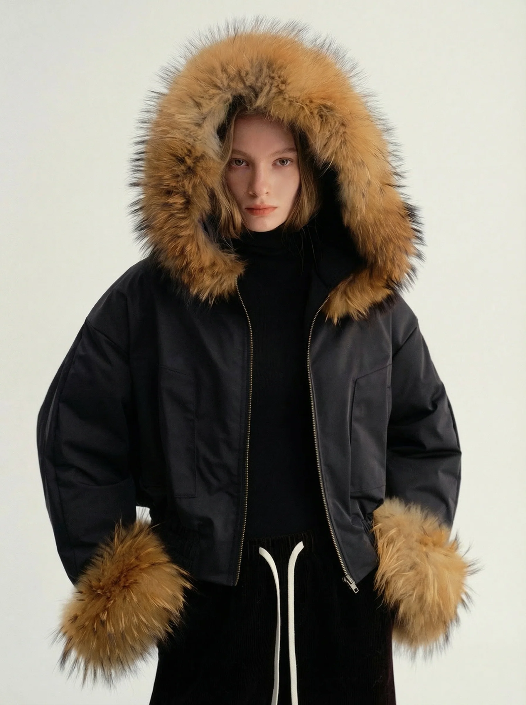 Cropped Down Parka with Detachable Fur Collar - Image 2