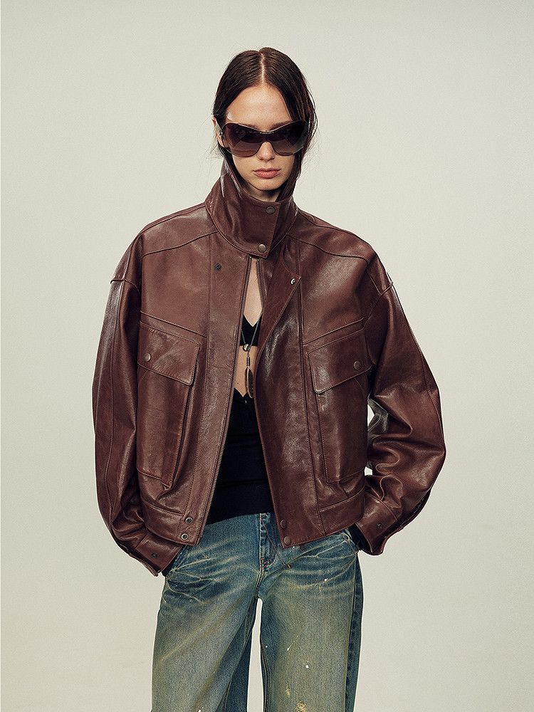 Cropped Utility Leather Jacket