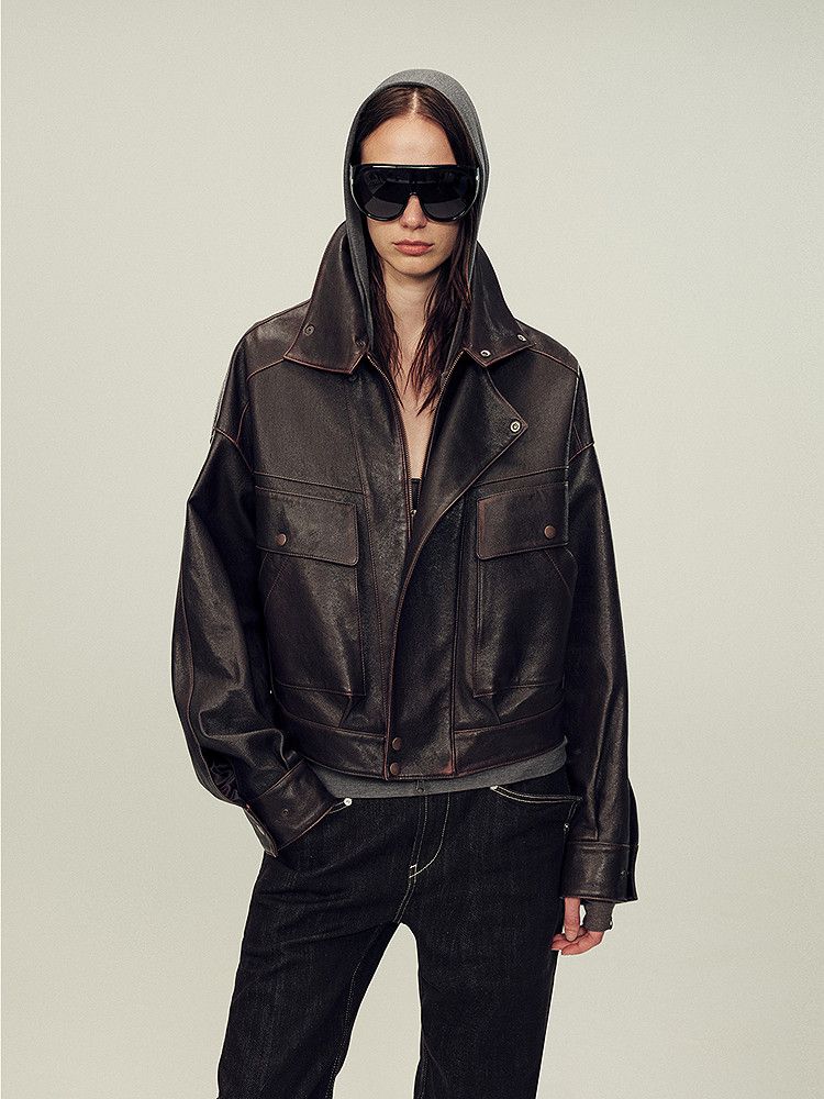 Cropped Utility Leather Jacket - Image 4
