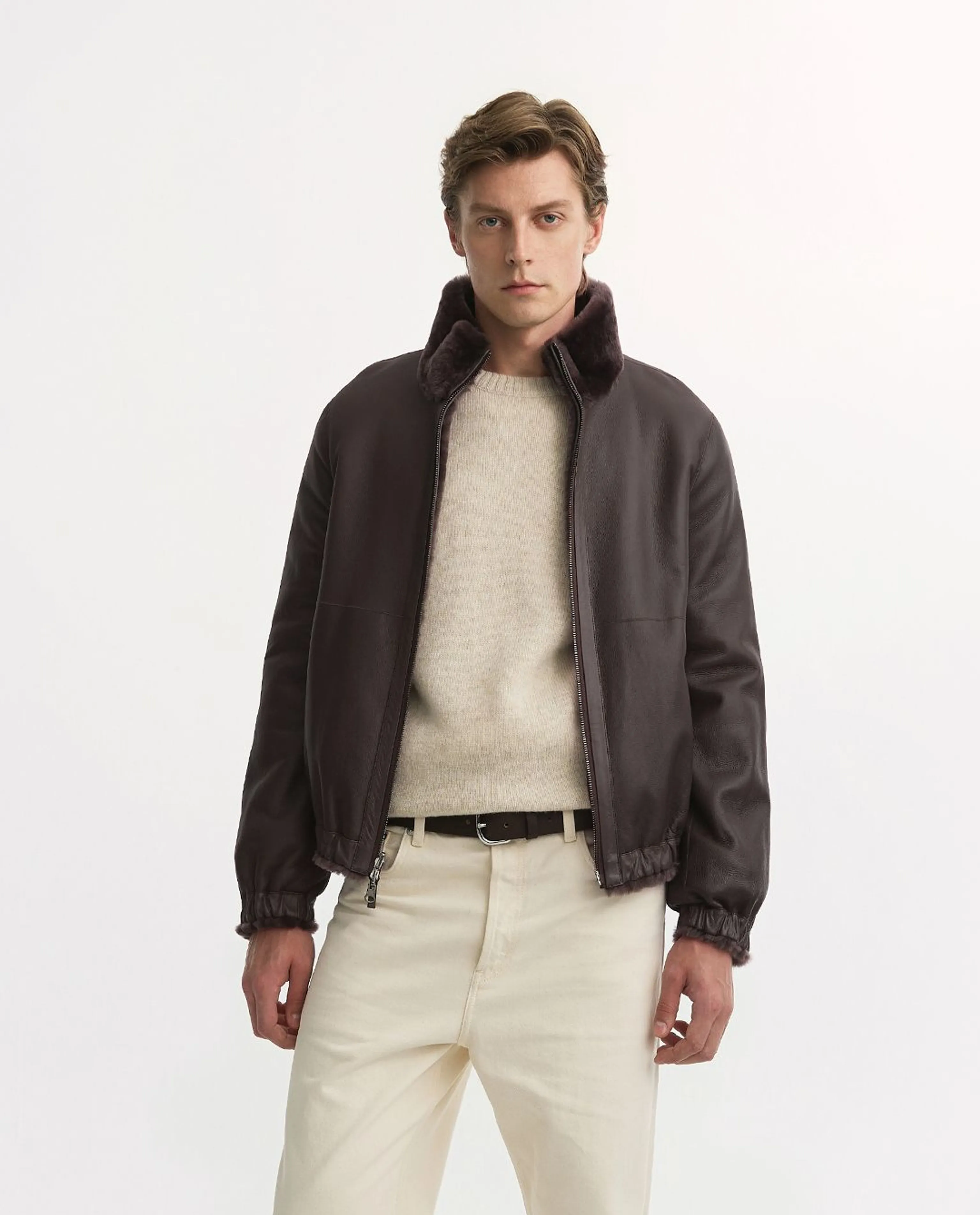 Dark Brown Faux-Fur Stand-Collar Bomber