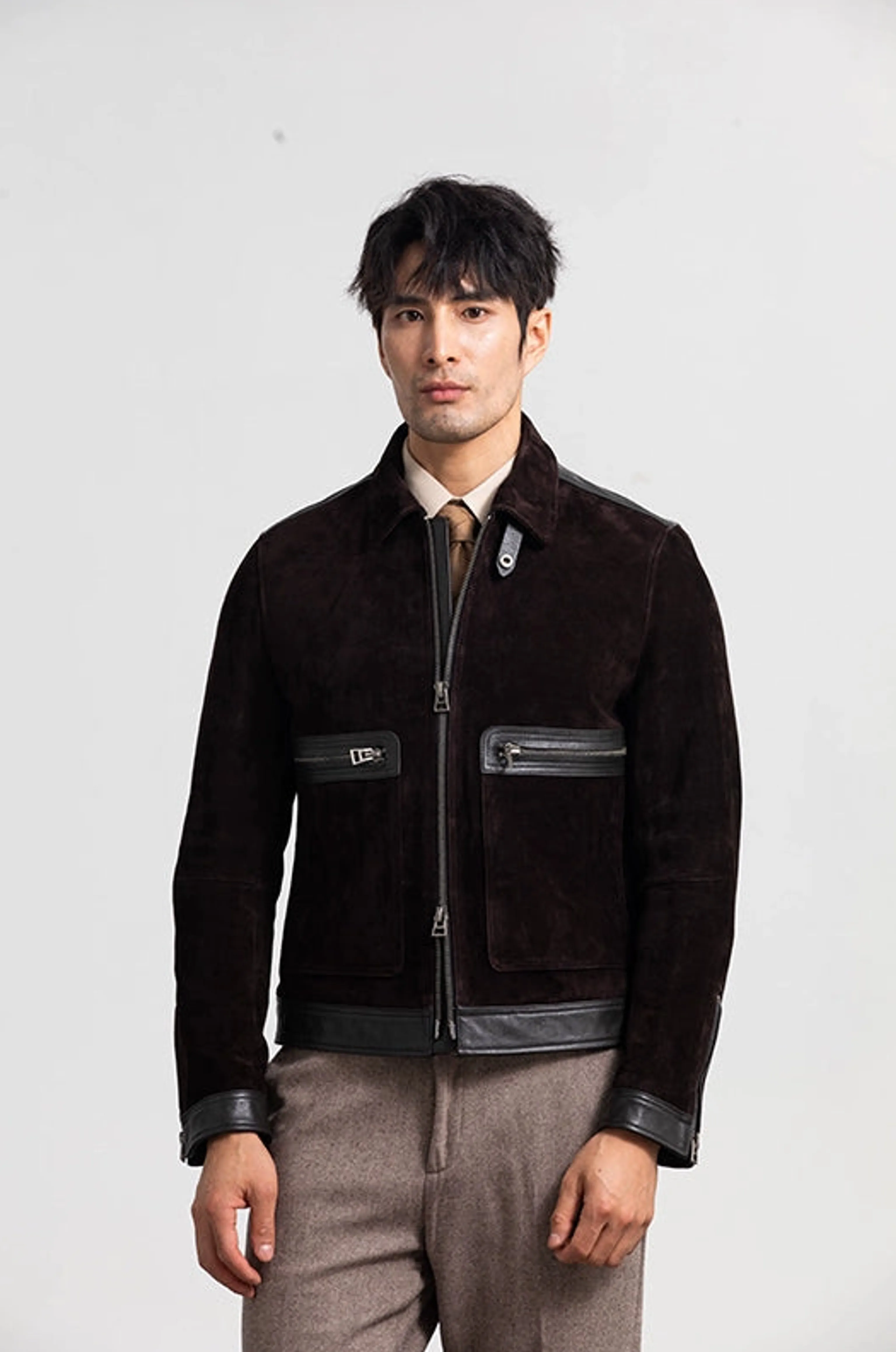Dark Brown Lambskin Suede Zip Jacket - Image 4