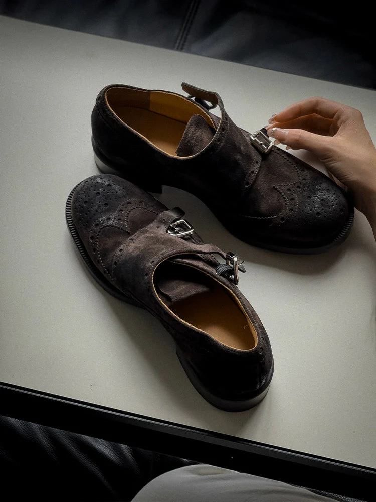 Dark Brown Suede Double Monk Brogues - Image 4
