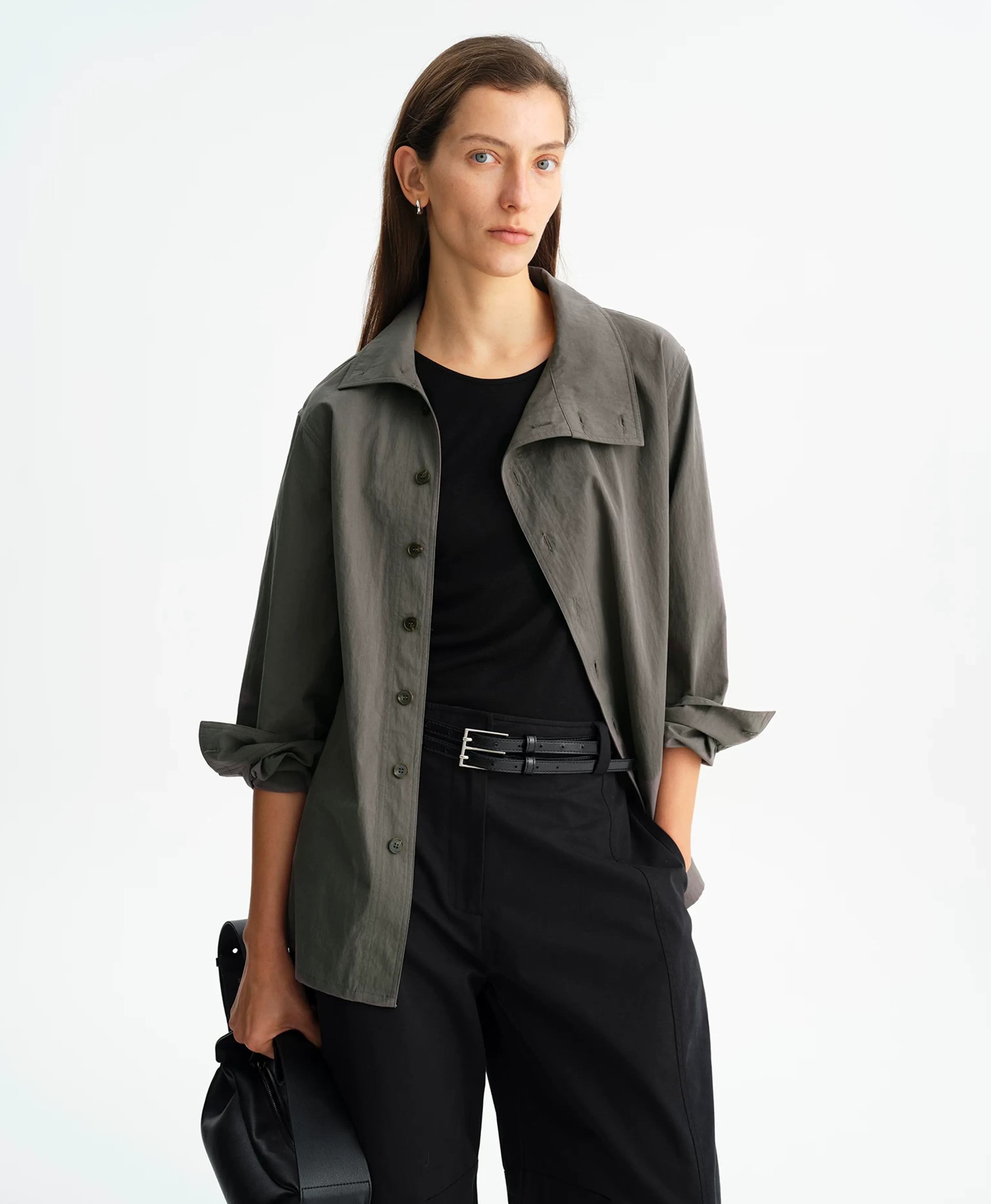 Dark Grey Mercerized Stand-Collar Shirt Jacket