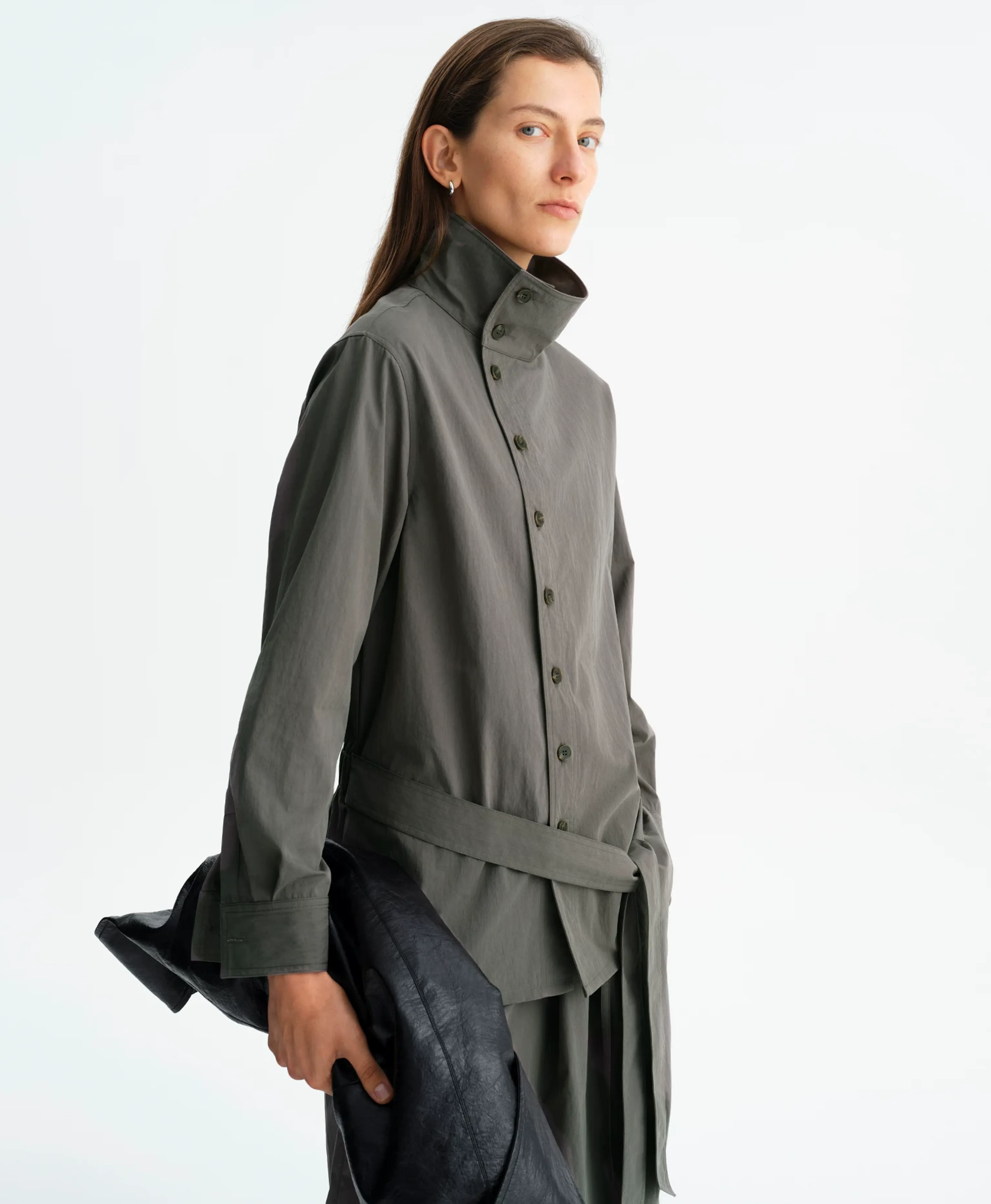 Dark Grey Mercerized Stand-Collar Shirt Jacket - Image 2