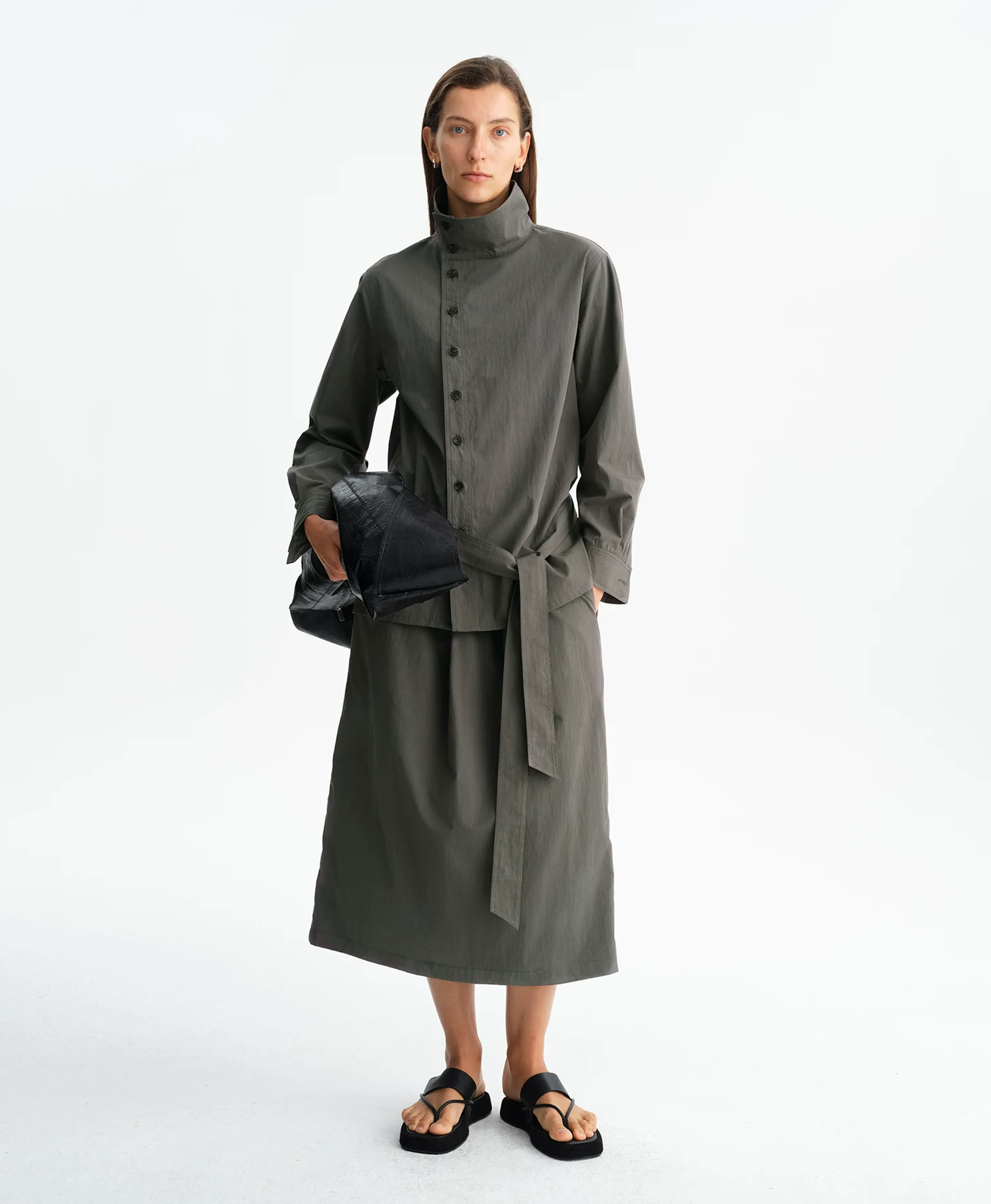 Dark Grey Mercerized Stand-Collar Shirt Jacket - Image 3
