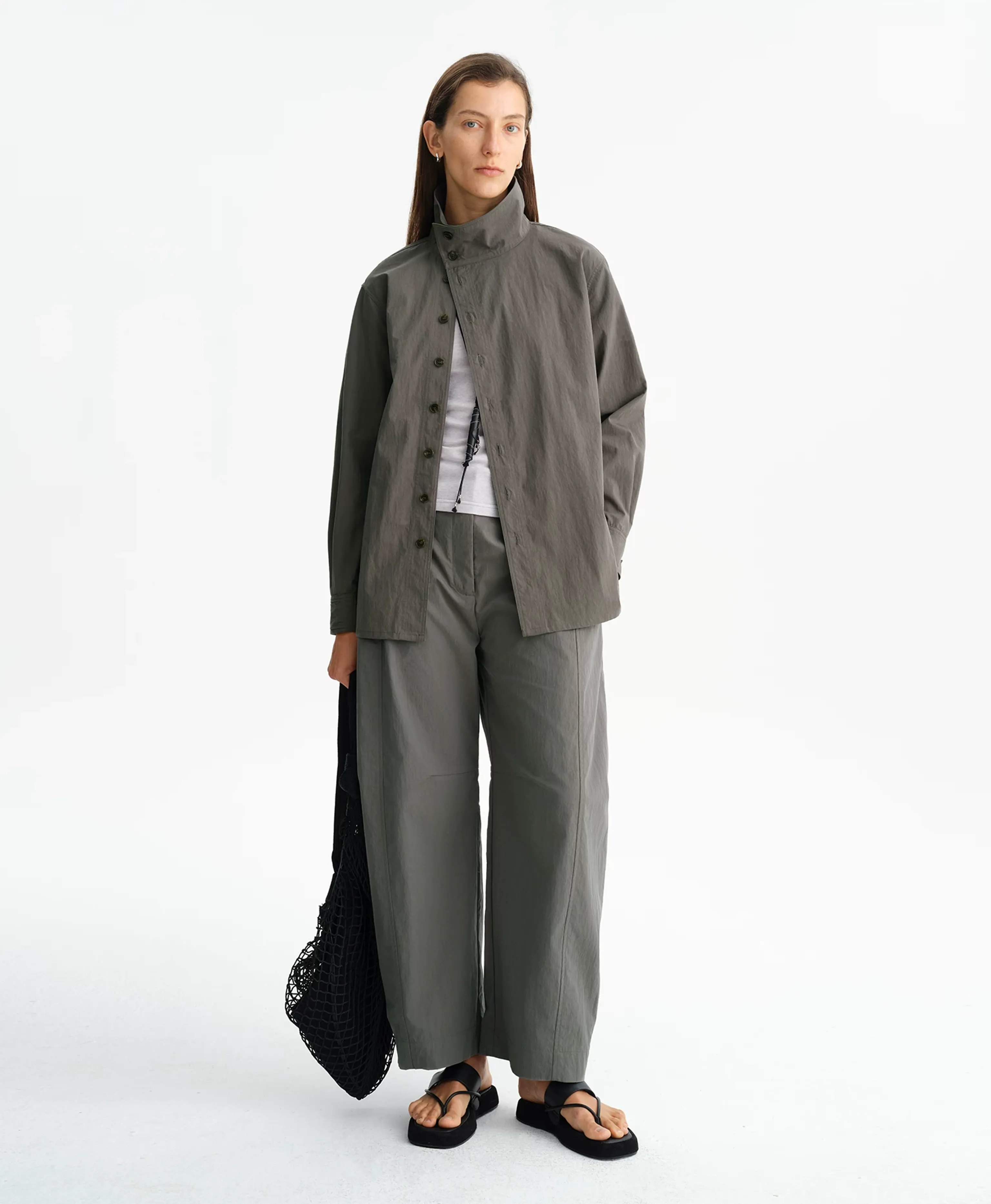 Dark Grey Mercerized Stand-Collar Shirt Jacket - Image 4