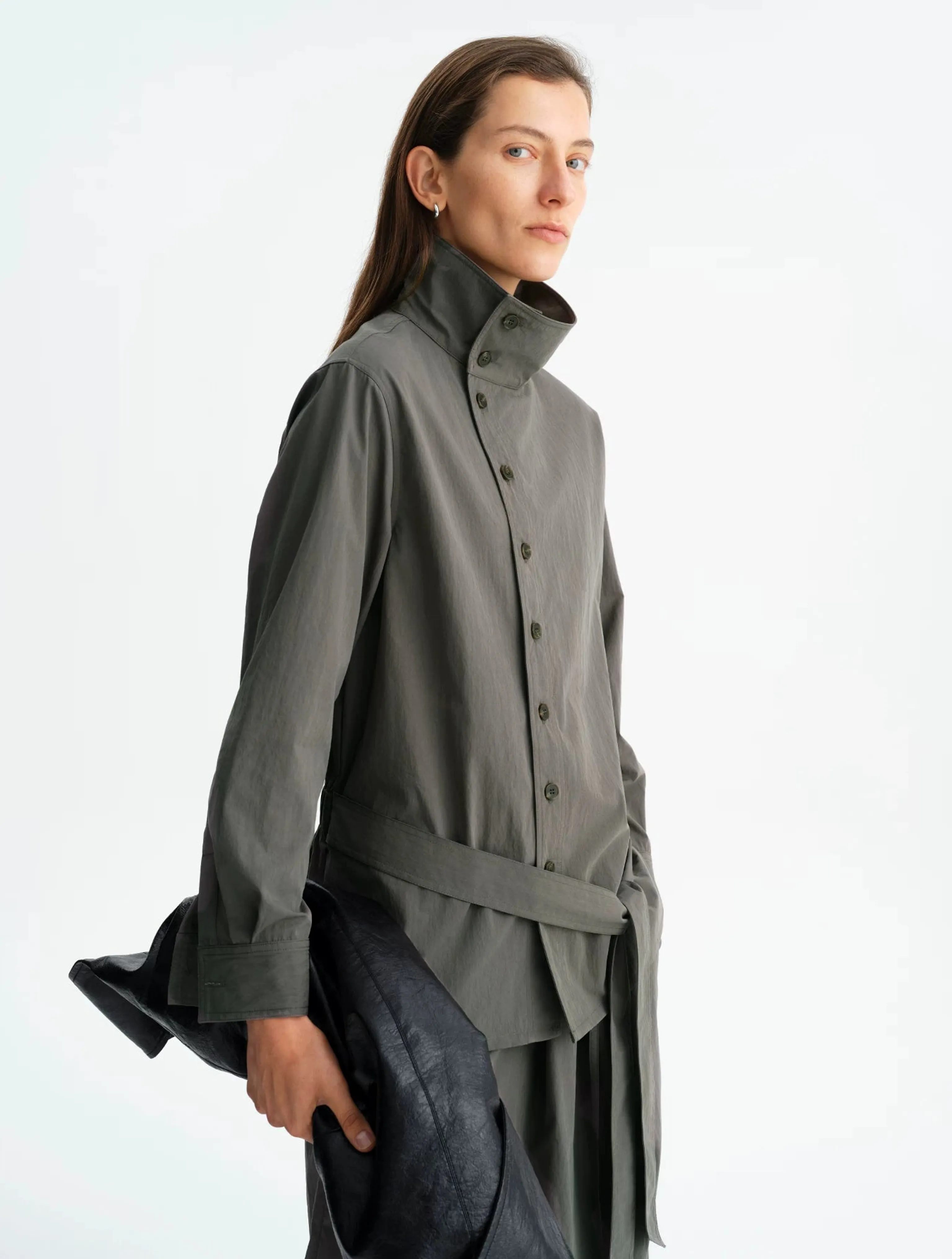 Dark Grey Mercerized Stand-Collar Shirt Jacket - Image 6