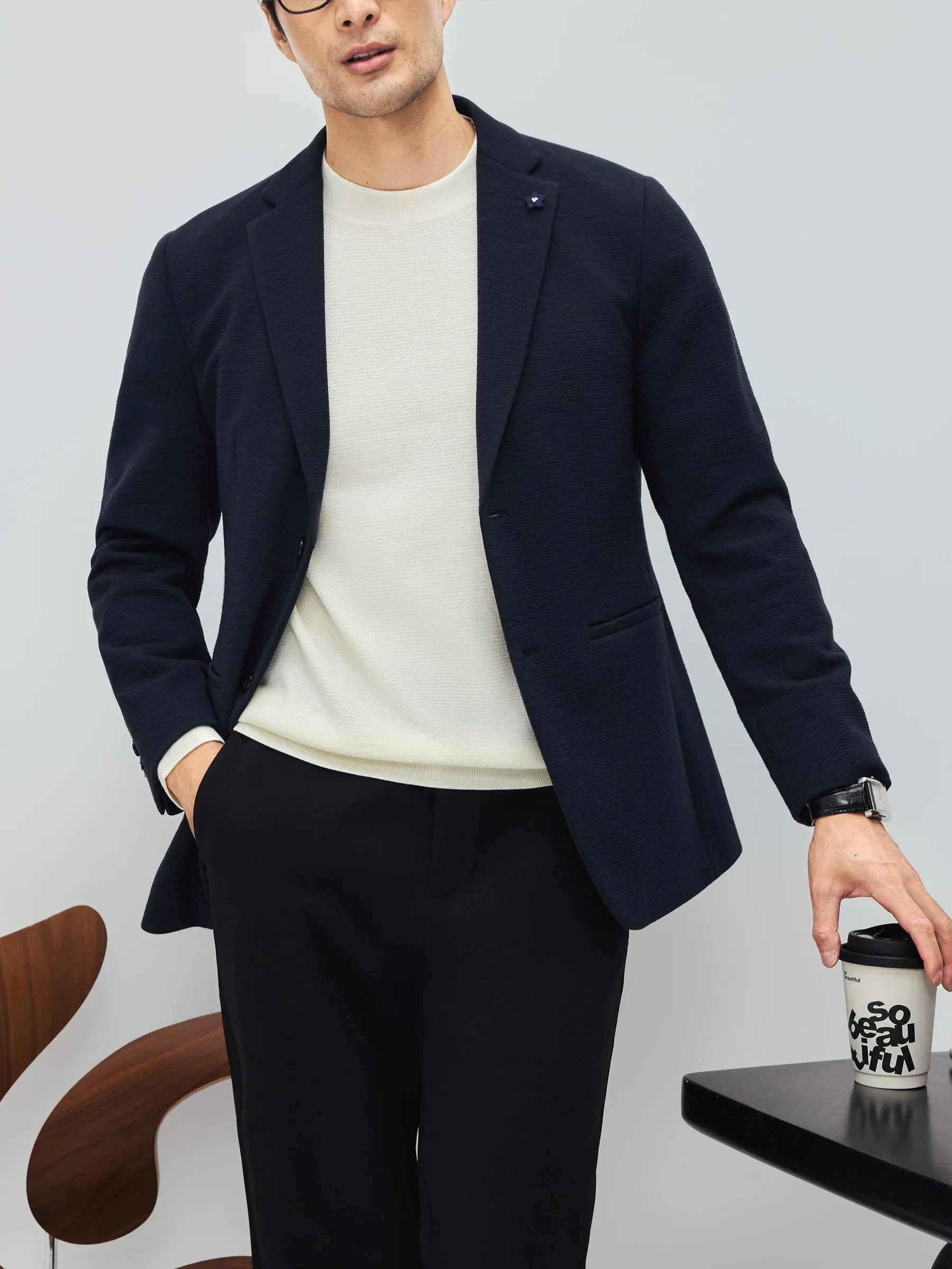 Dark Navy Knit Wool Blazer - Image 2