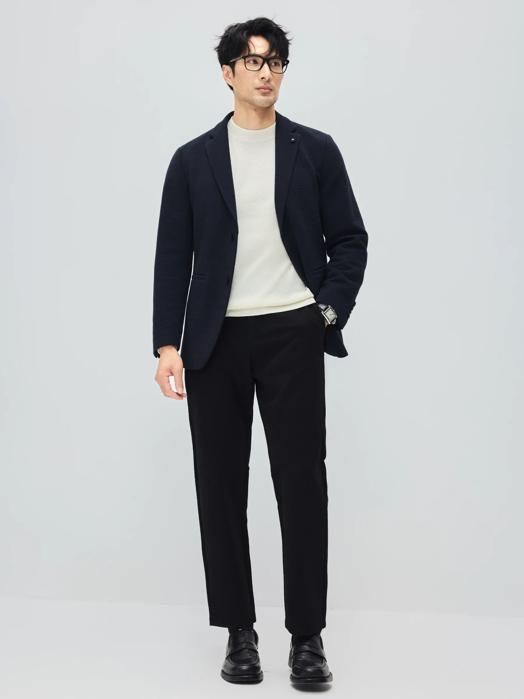 Dark Navy Knit Wool Blazer - Image 3