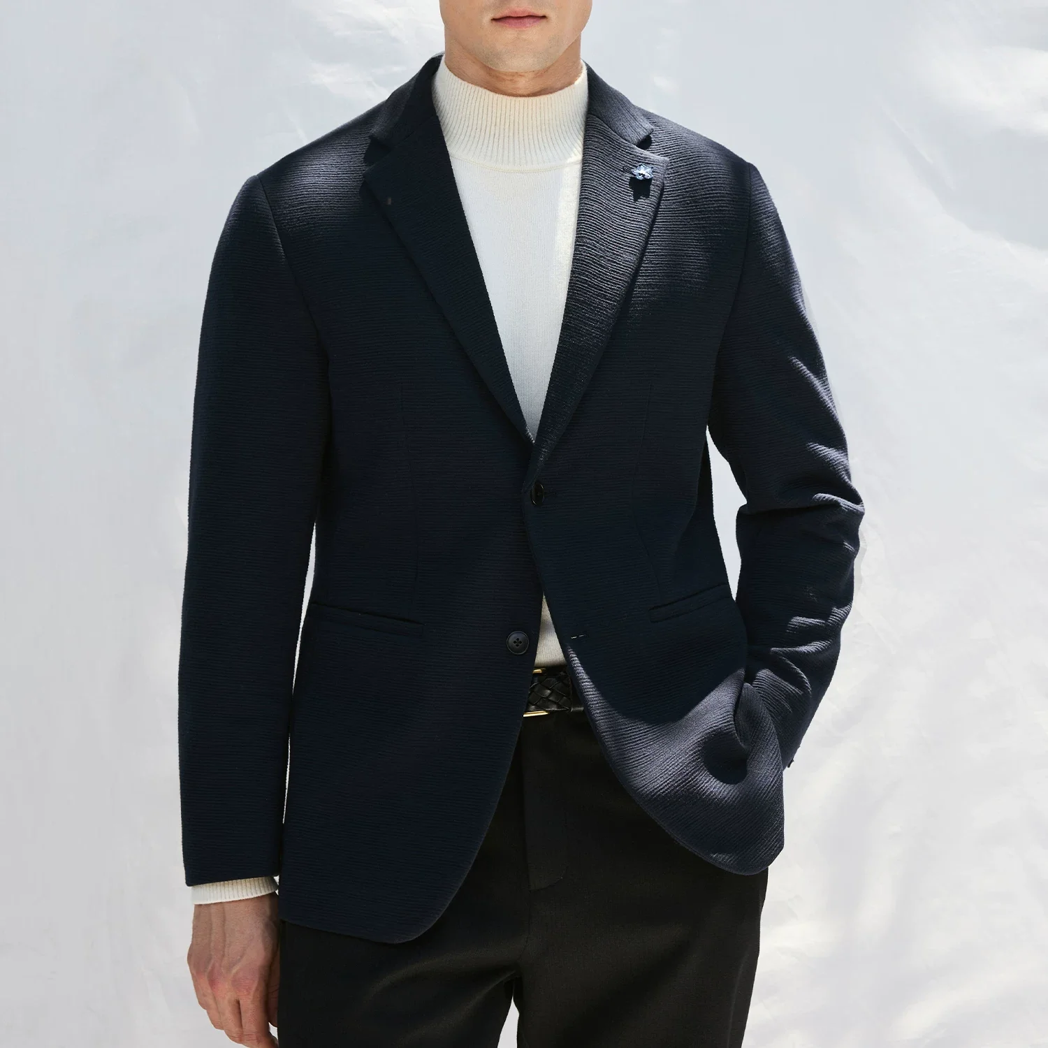 Dark Navy Knit Wool Blazer - Image 4