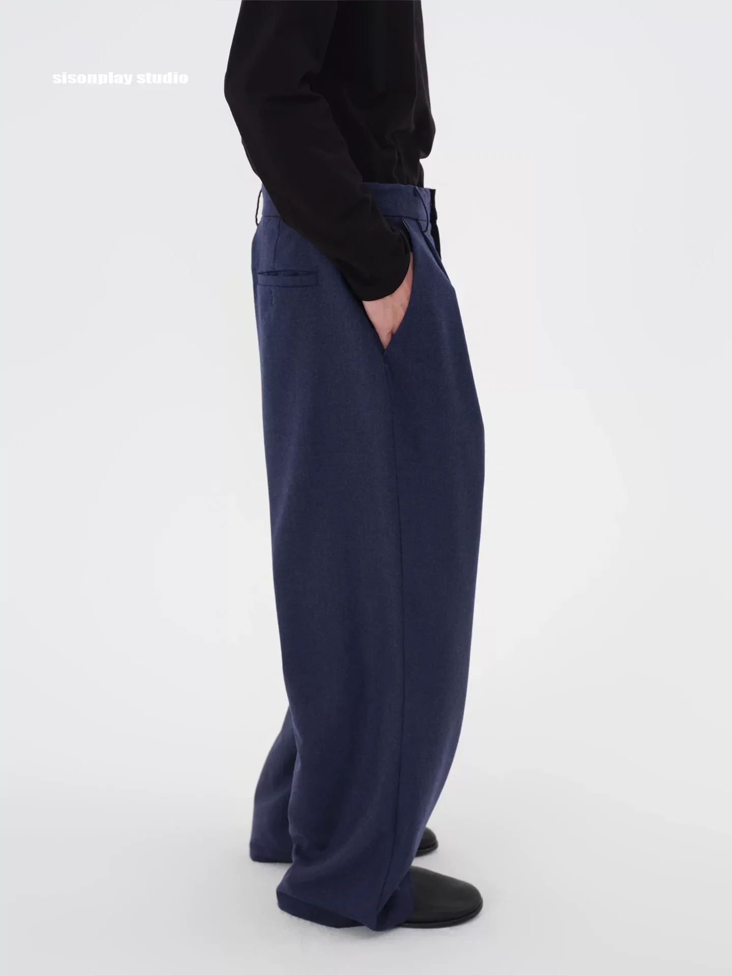 Dark Navy Wool Wide-Leg Trousers