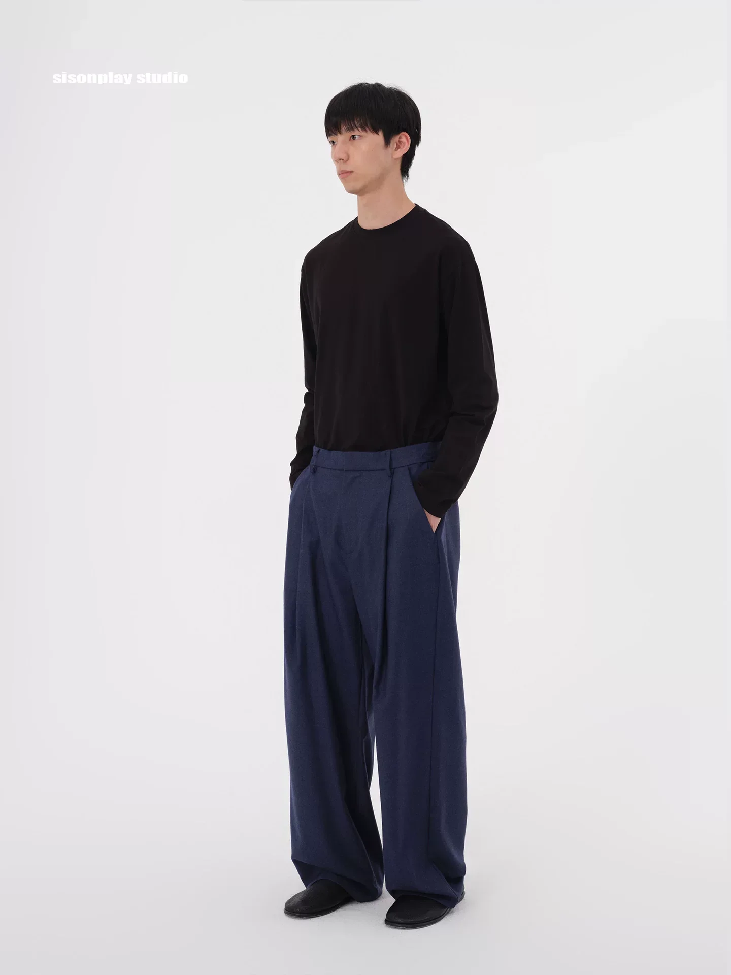 Dark Navy Wool Wide-Leg Trousers - Image 2