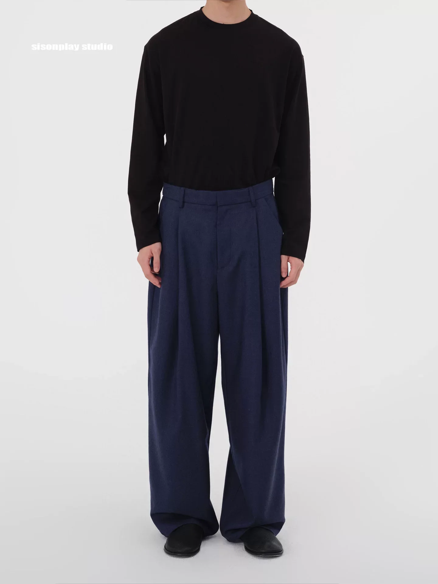 Dark Navy Wool Wide-Leg Trousers - Image 3