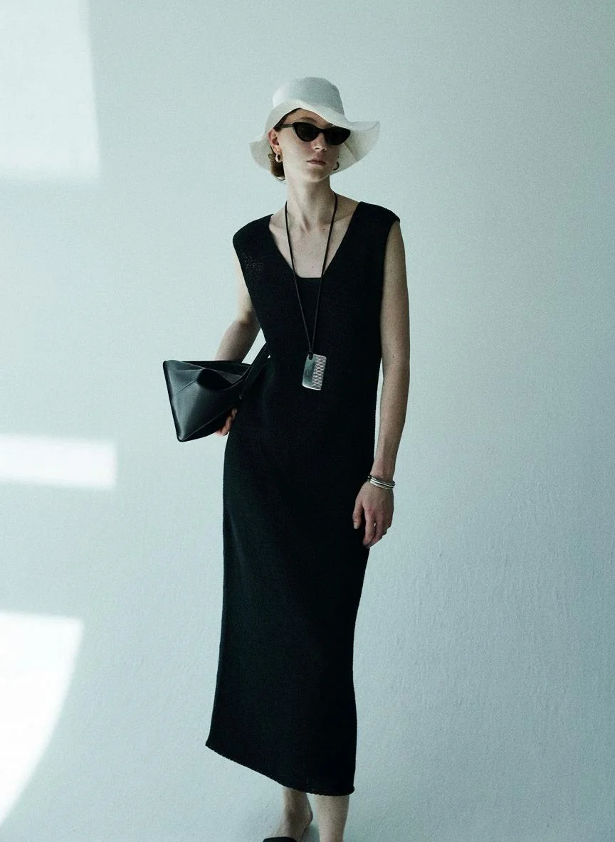 Deep V Open-Knit Dress Set