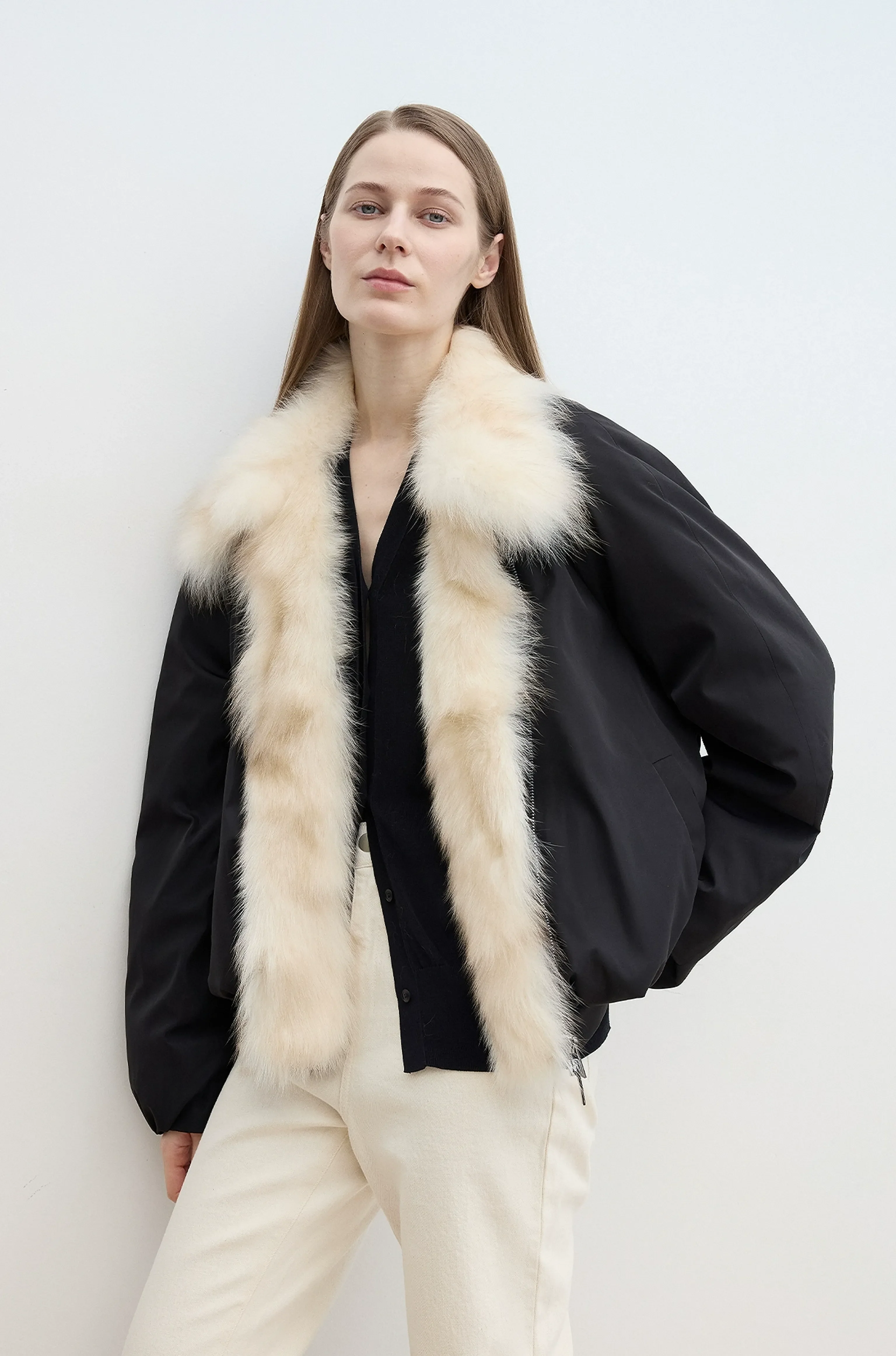 Detachable Fox Fur Collar Down Bomber - Image 3