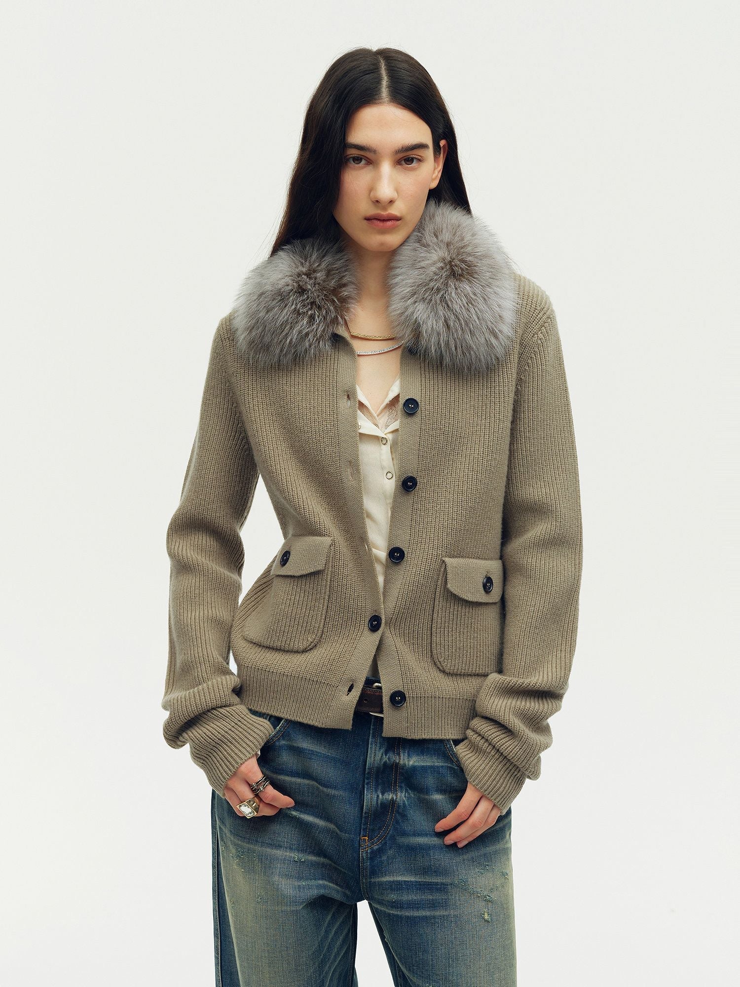 Detachable Fur Collar Cardigan - Image 4