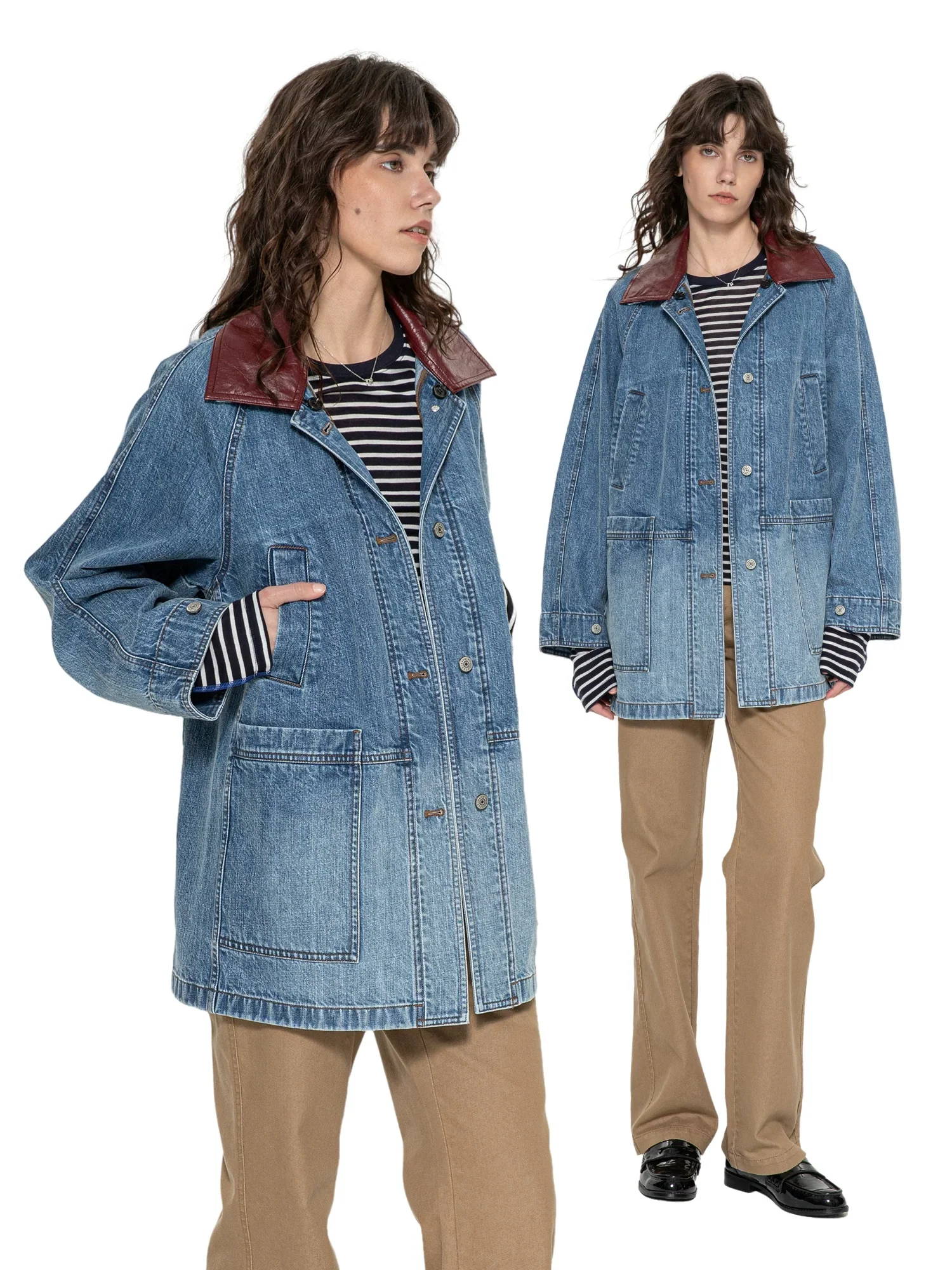 Detachable Leather-Collar Denim Jacket - Image 2