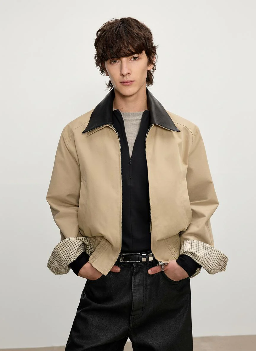 Detachable Leather-Collar Harrington Jacket