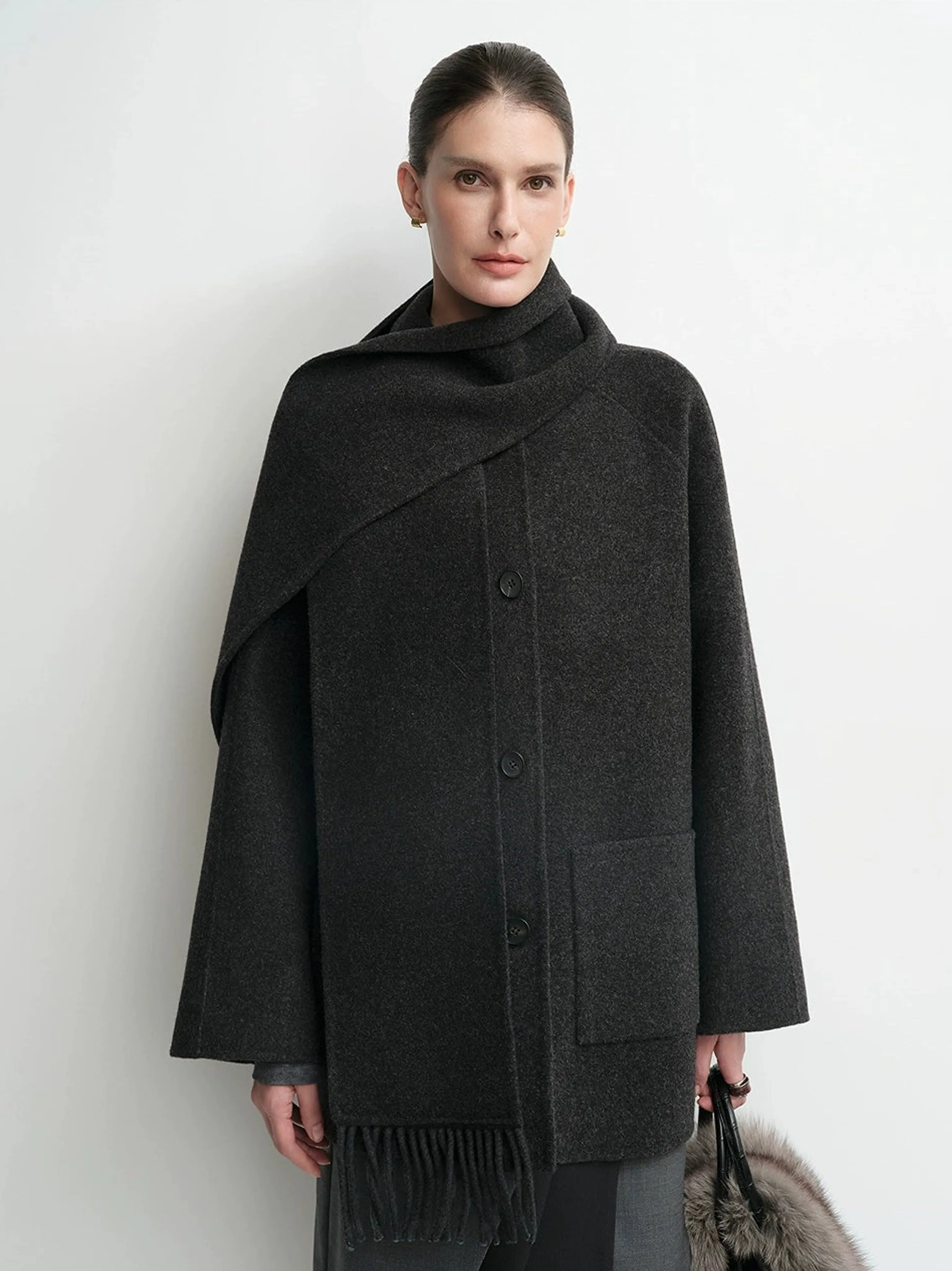 Detachable Tassel Scarf Short Coat - Image 4