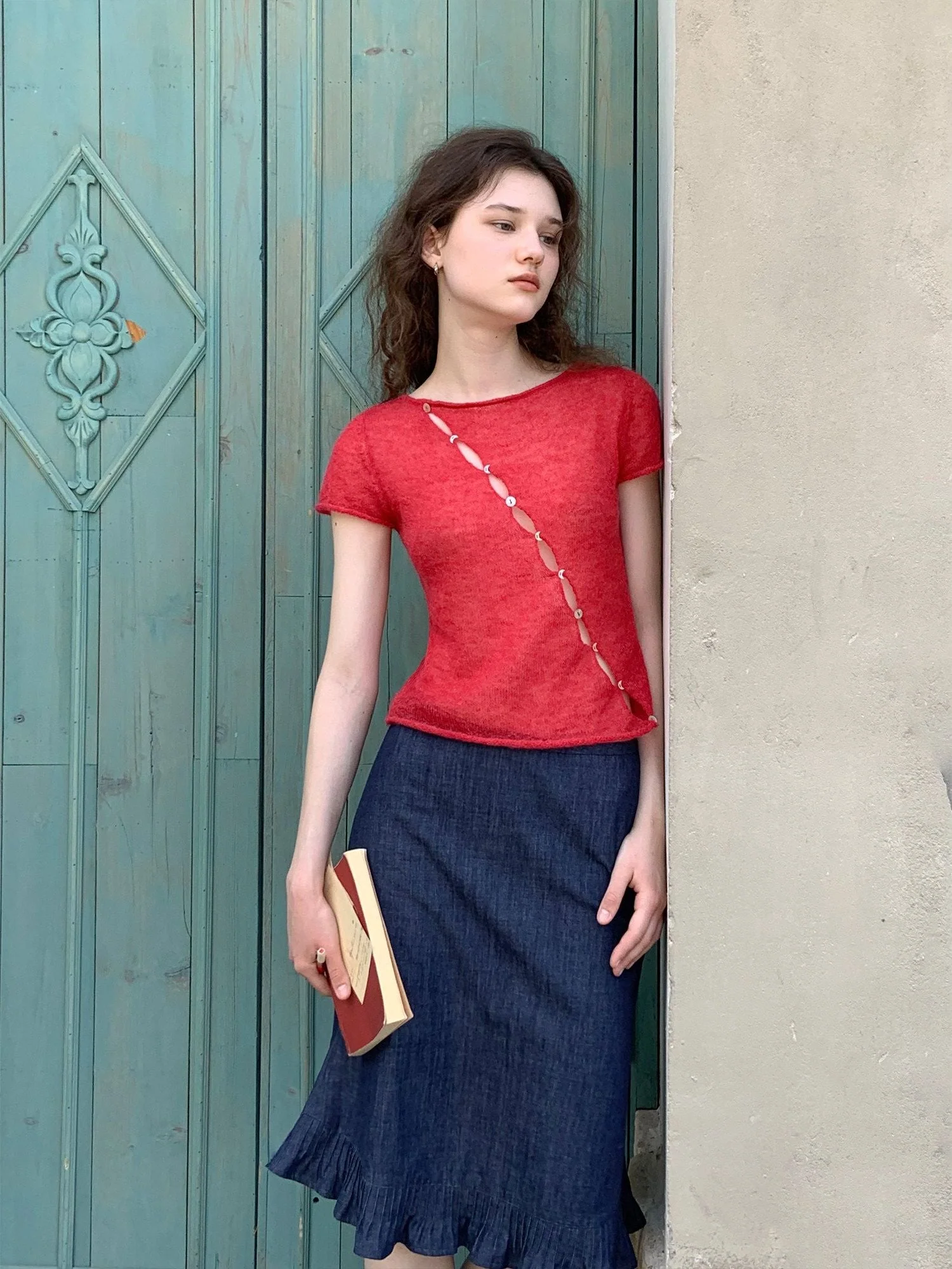 Diagonal Button Knit Top