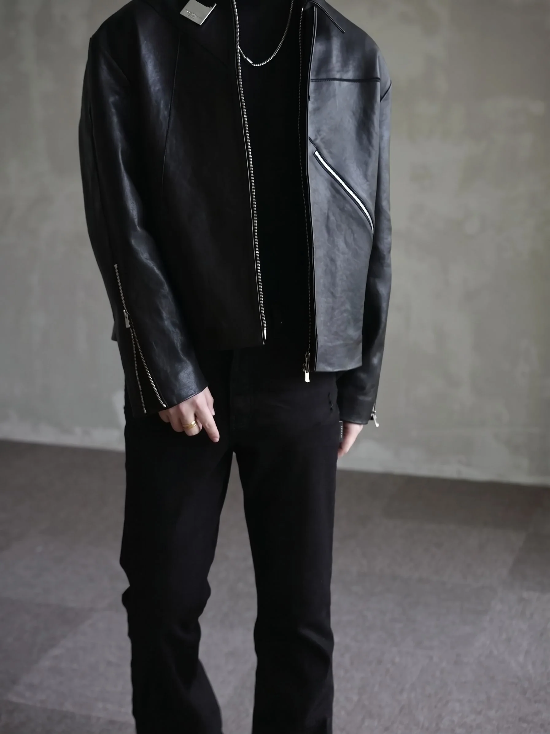 Diagonal Zip Leather Jacket