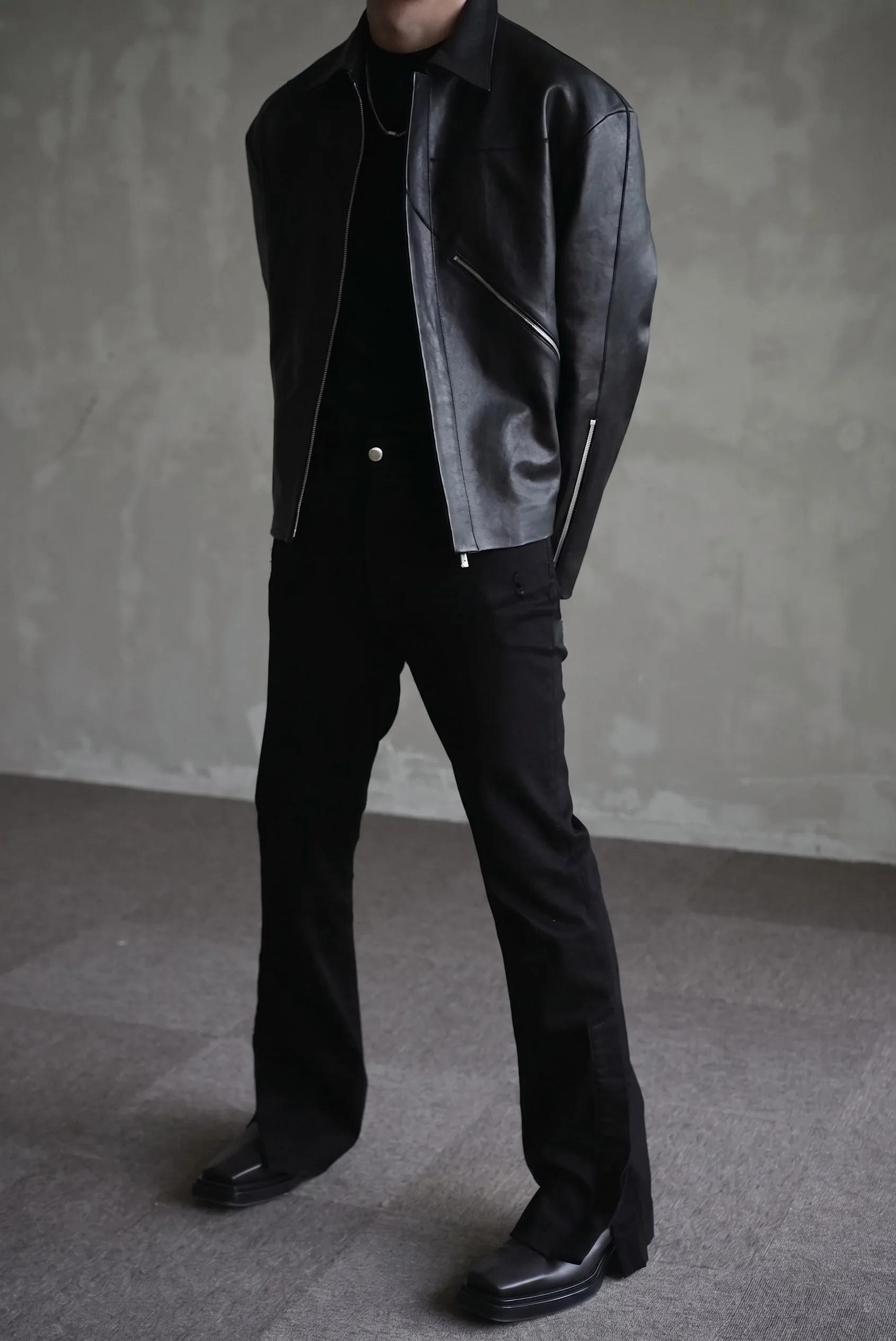 Diagonal Zip Leather Jacket - Image 2