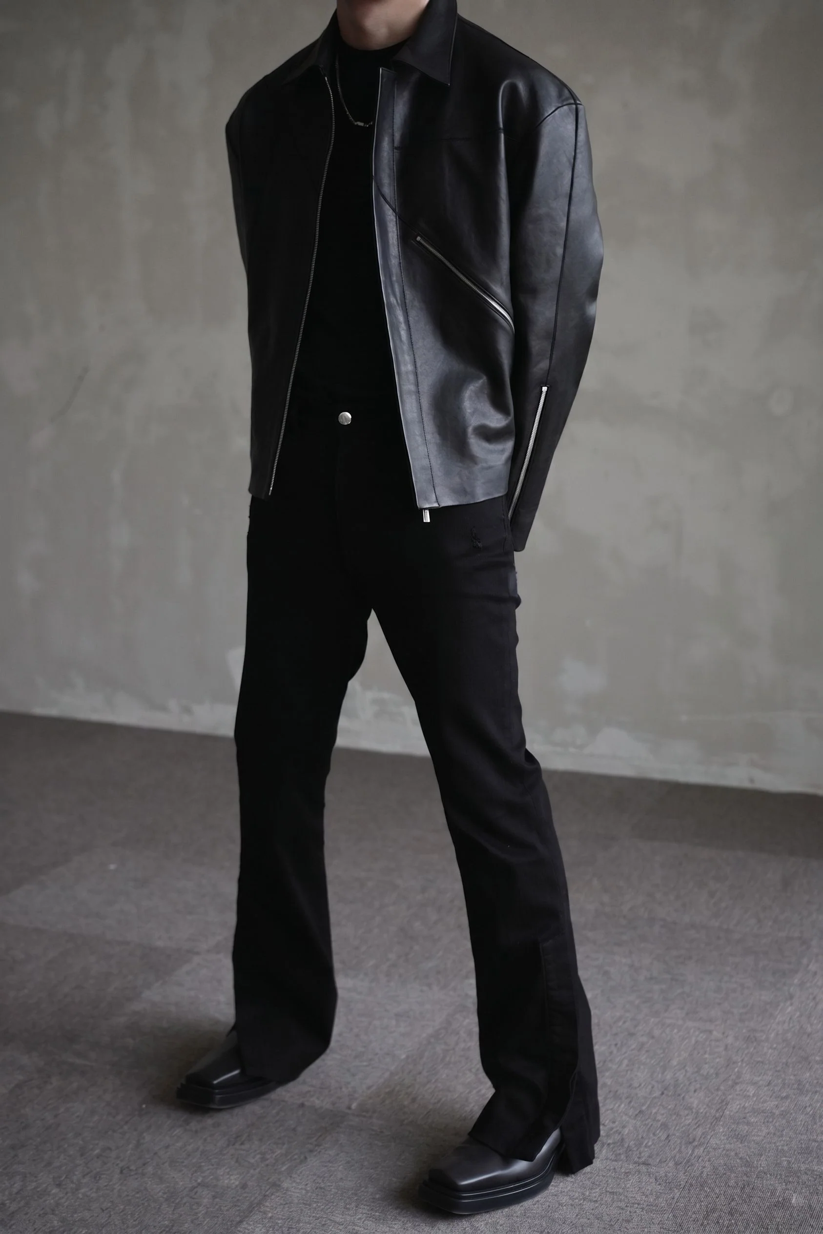 Diagonal Zip Leather Jacket - Image 4