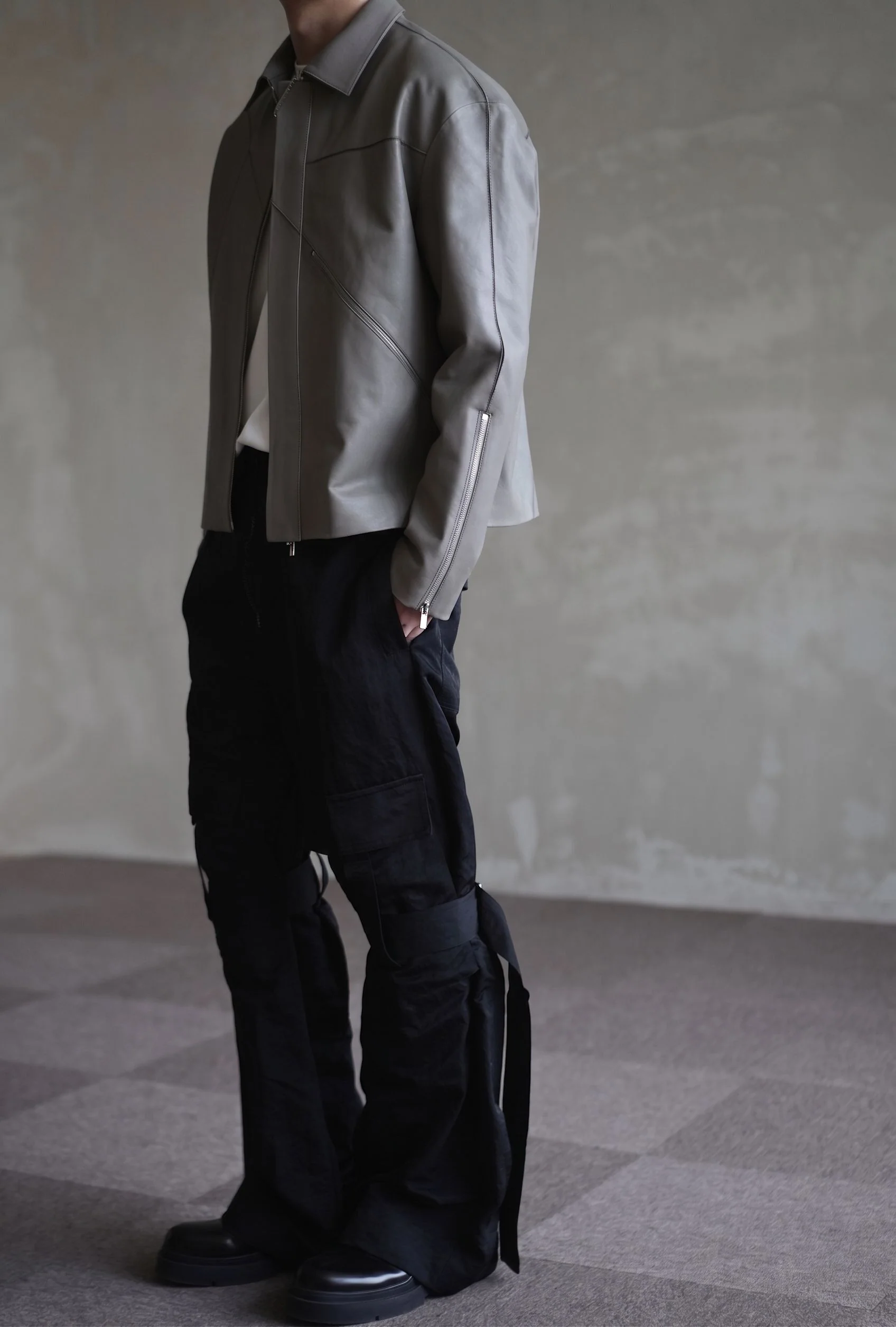 Diagonal Zip Leather Jacket - Image 5